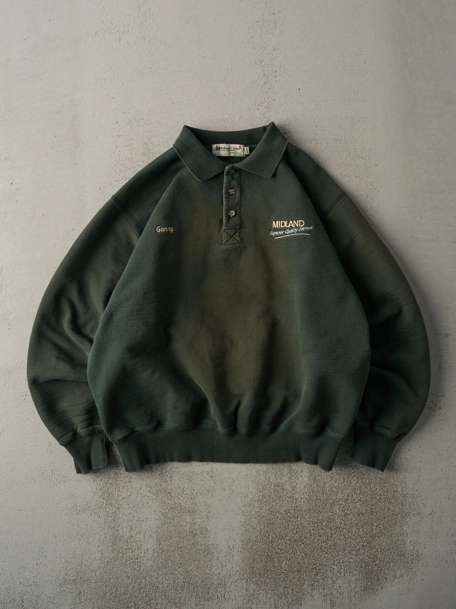 Vintage Y2K Sun Faded Green Midland Trucking Boxy Quarter Button Crewneck (L)