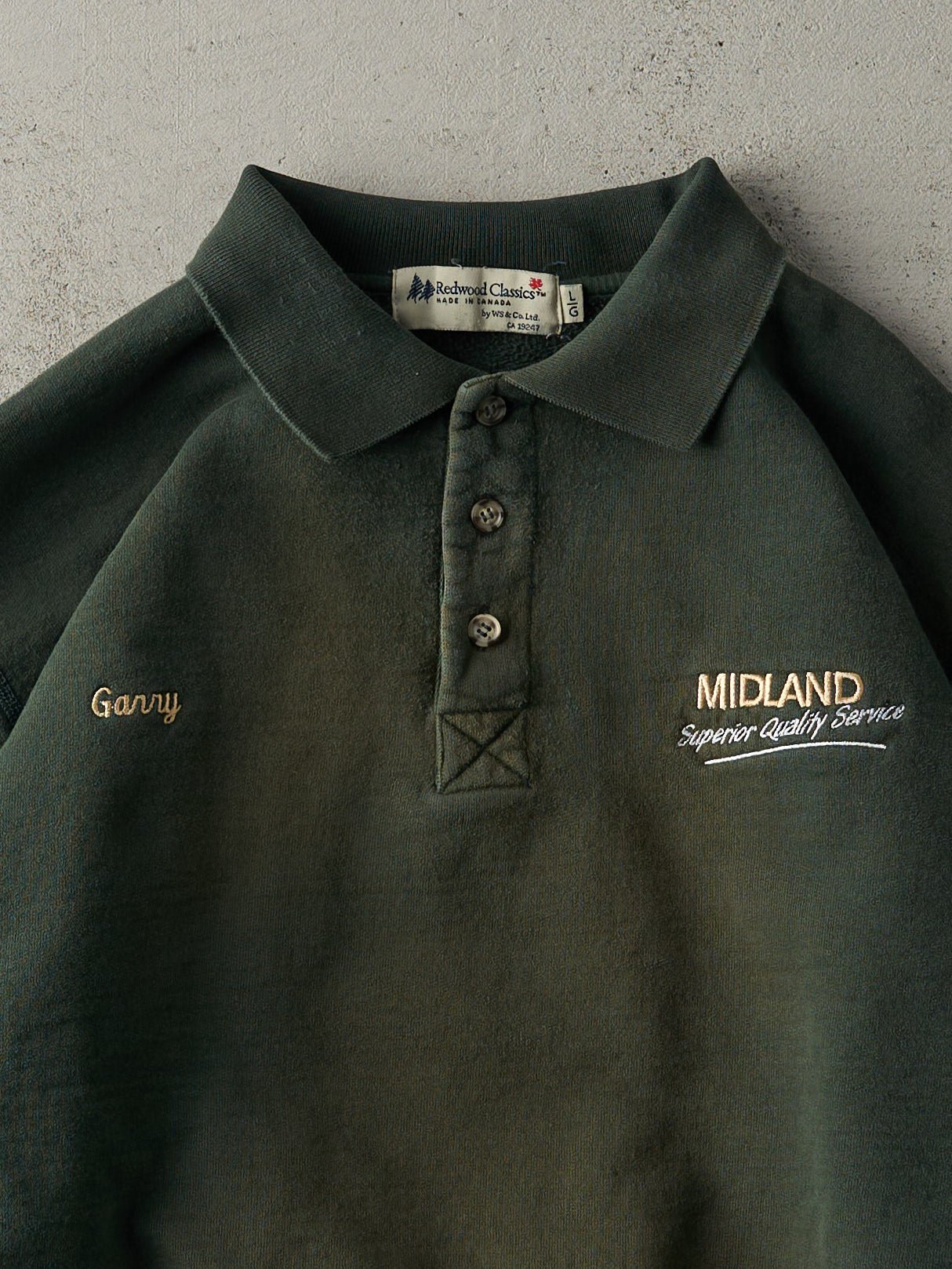 Vintage Y2K Sun Faded Green Midland Trucking Boxy Quarter Button Crewneck (L)