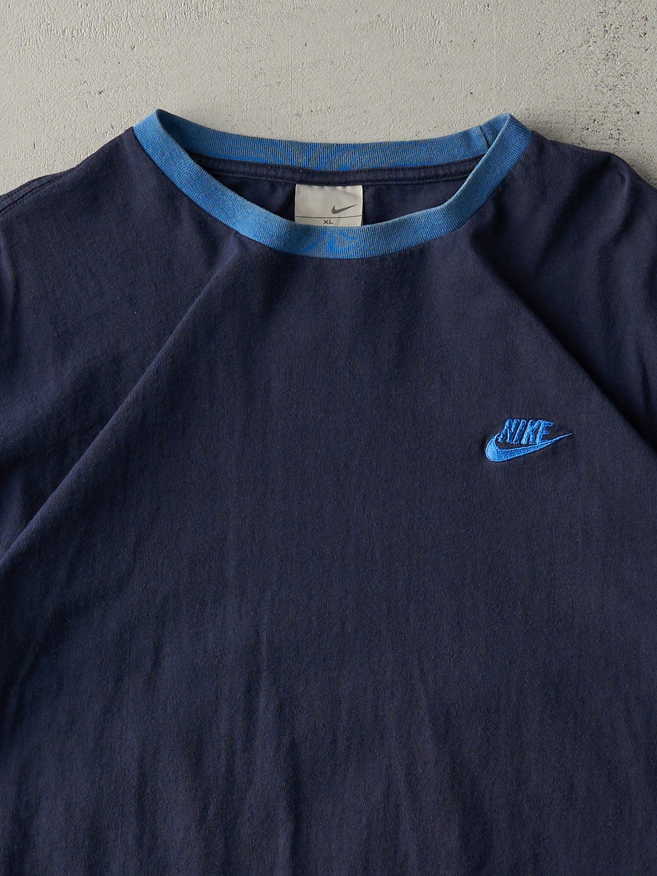 Vintage Y2K Navy Blue Embroidered Nike Ringer Tee (L)