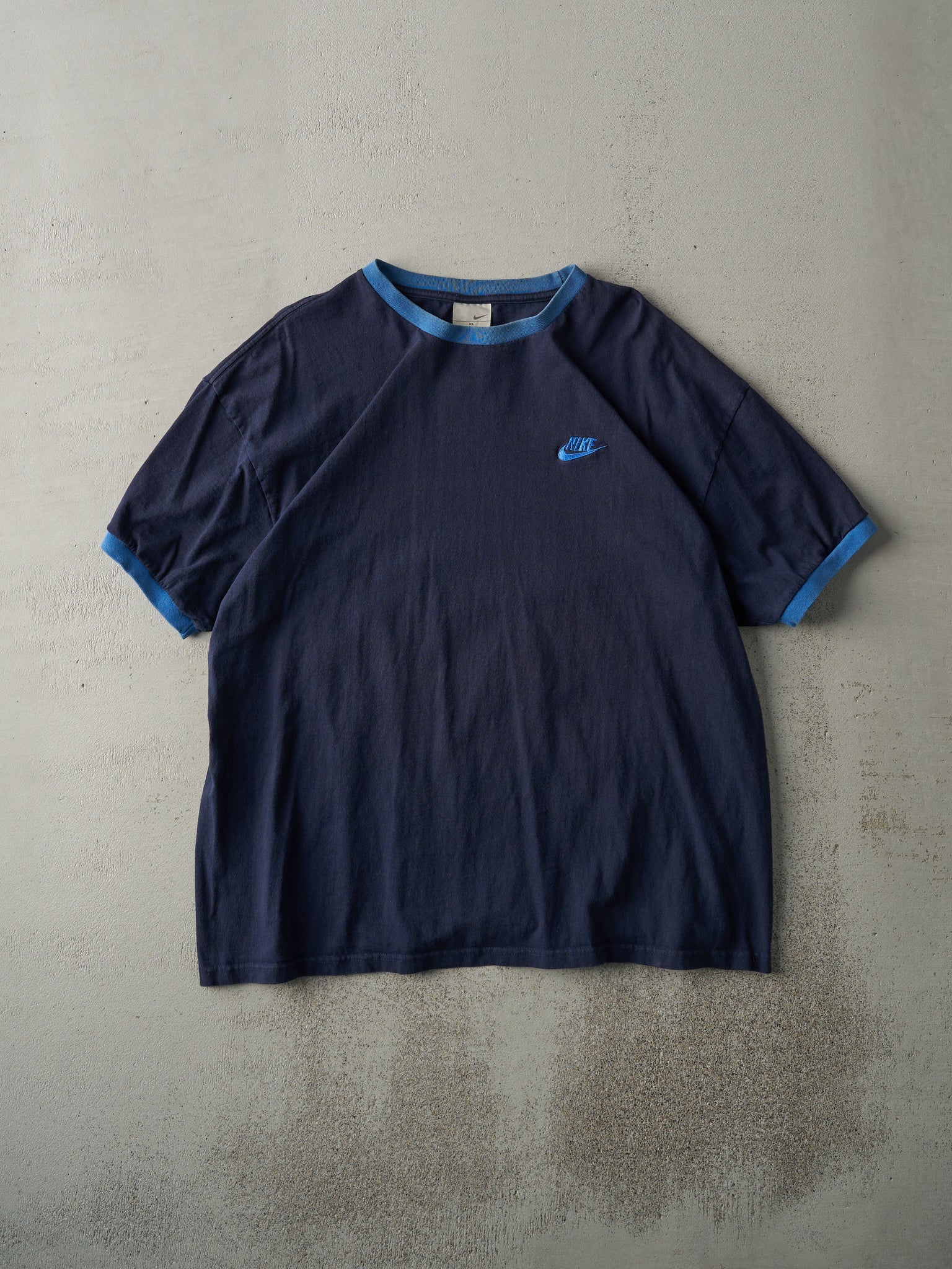 Vintage Y2K Navy Blue Embroidered Nike Ringer Tee (L)