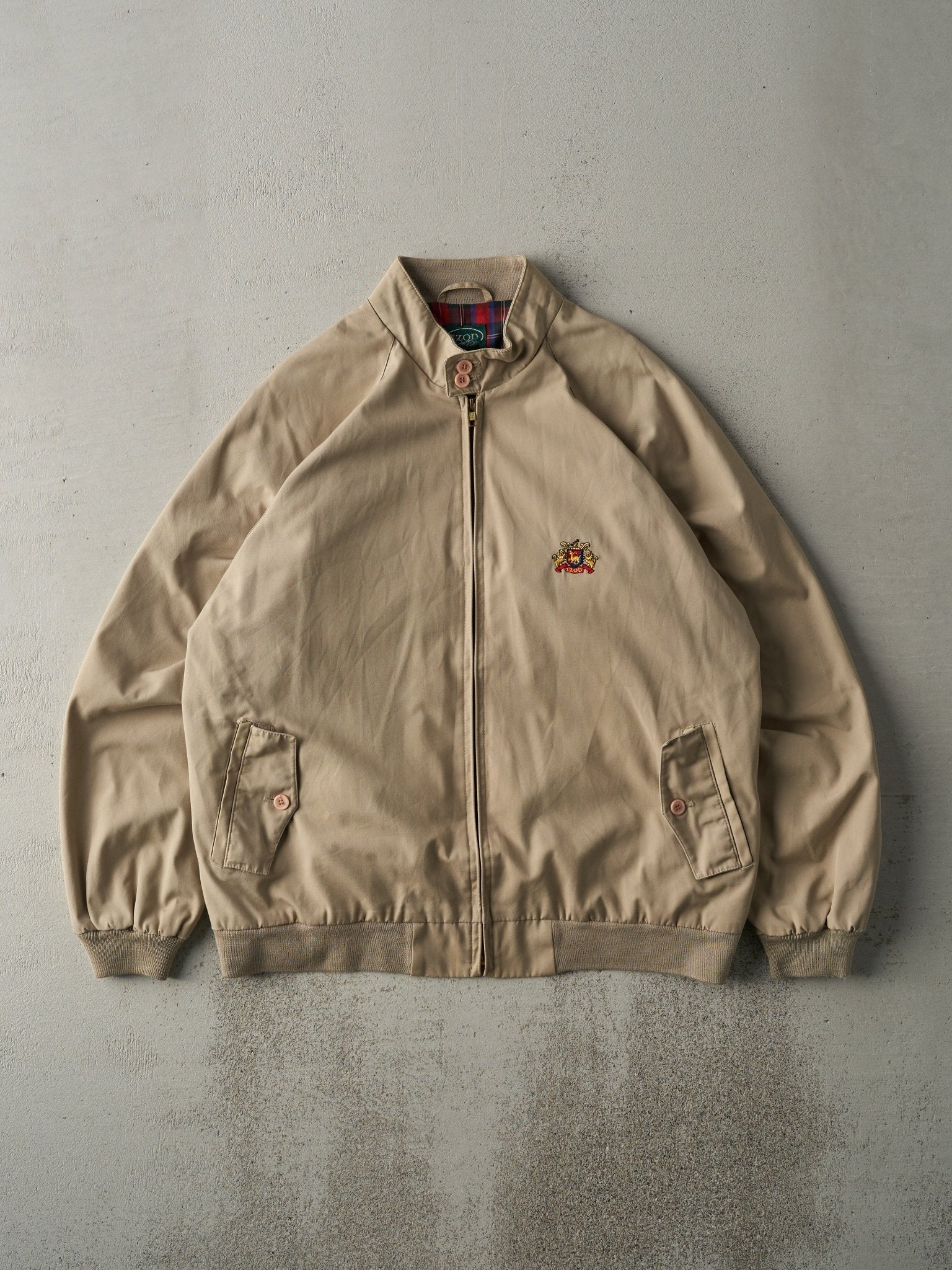 Vintage 90s Beige Izod Flannel Lined Harrington Jacket (M)