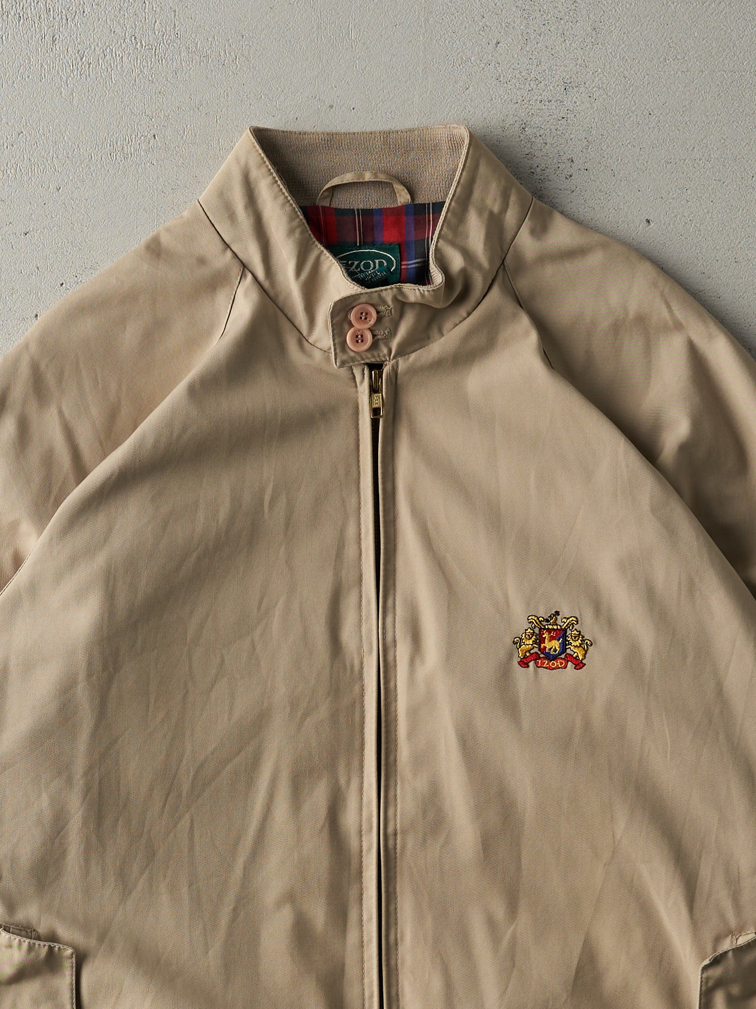 Vintage 90s Beige Izod Flannel Lined Harrington Jacket (M)