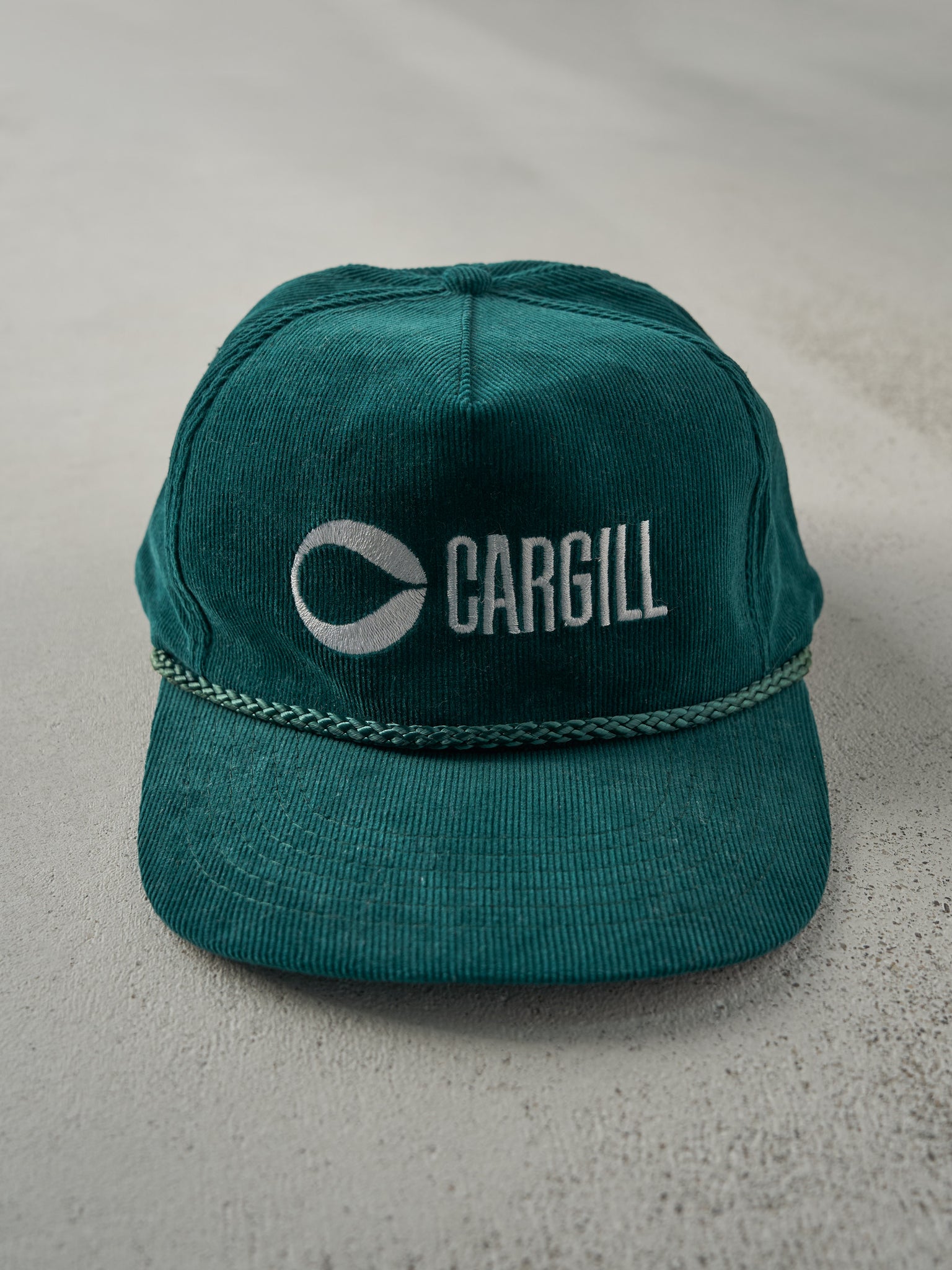 Vintage 80s Green Embroidered Cargill Corduroy Snapback Hat