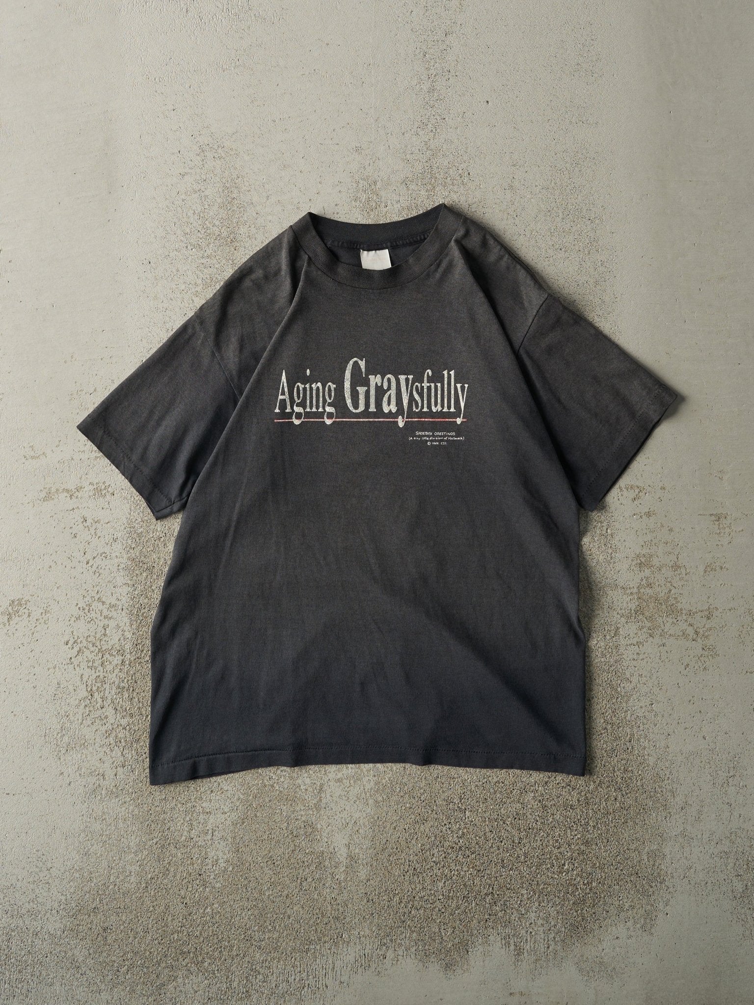 Vintage 90s Faded Black "Aging Graysfully" Slogan Single Stitch Tee (M)