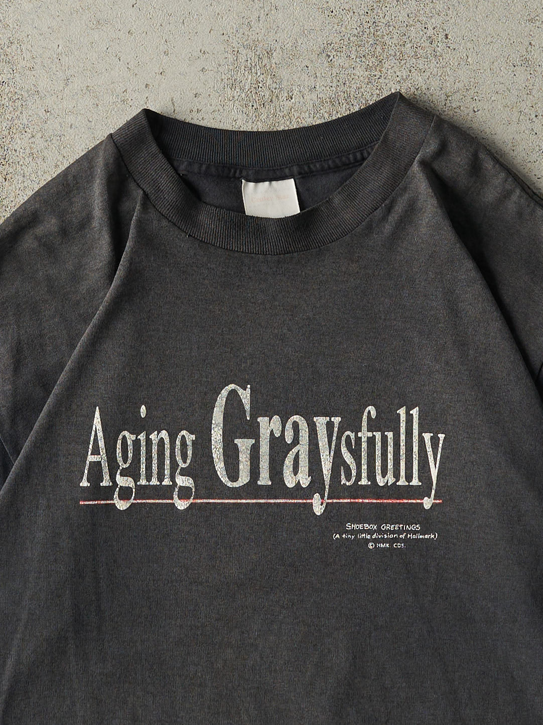 Vintage 90s Faded Black "Aging Graysfully" Slogan Single Stitch Tee (M)