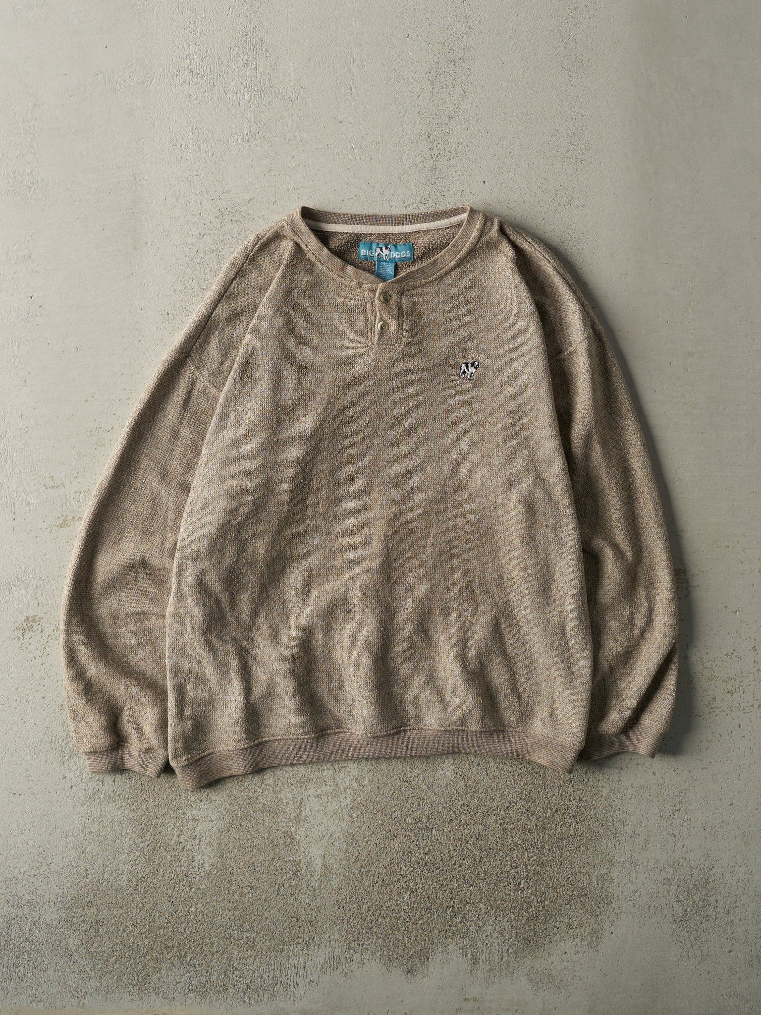 Vintage 90s Brown Embroidered Big Dogs Quarter Button Knit Crewneck (L)