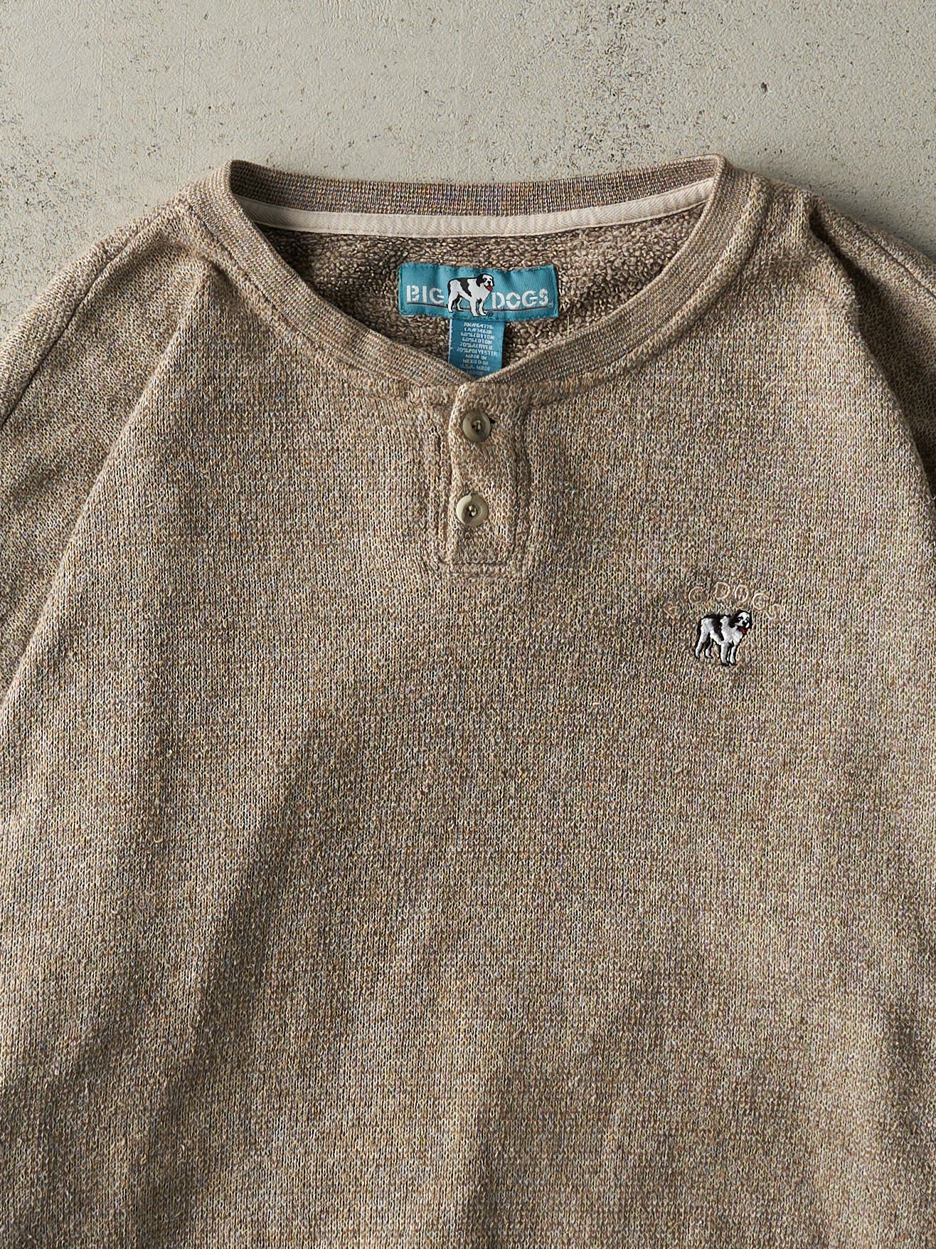 Vintage 90s Brown Embroidered Big Dogs Quarter Button Knit Crewneck (L)