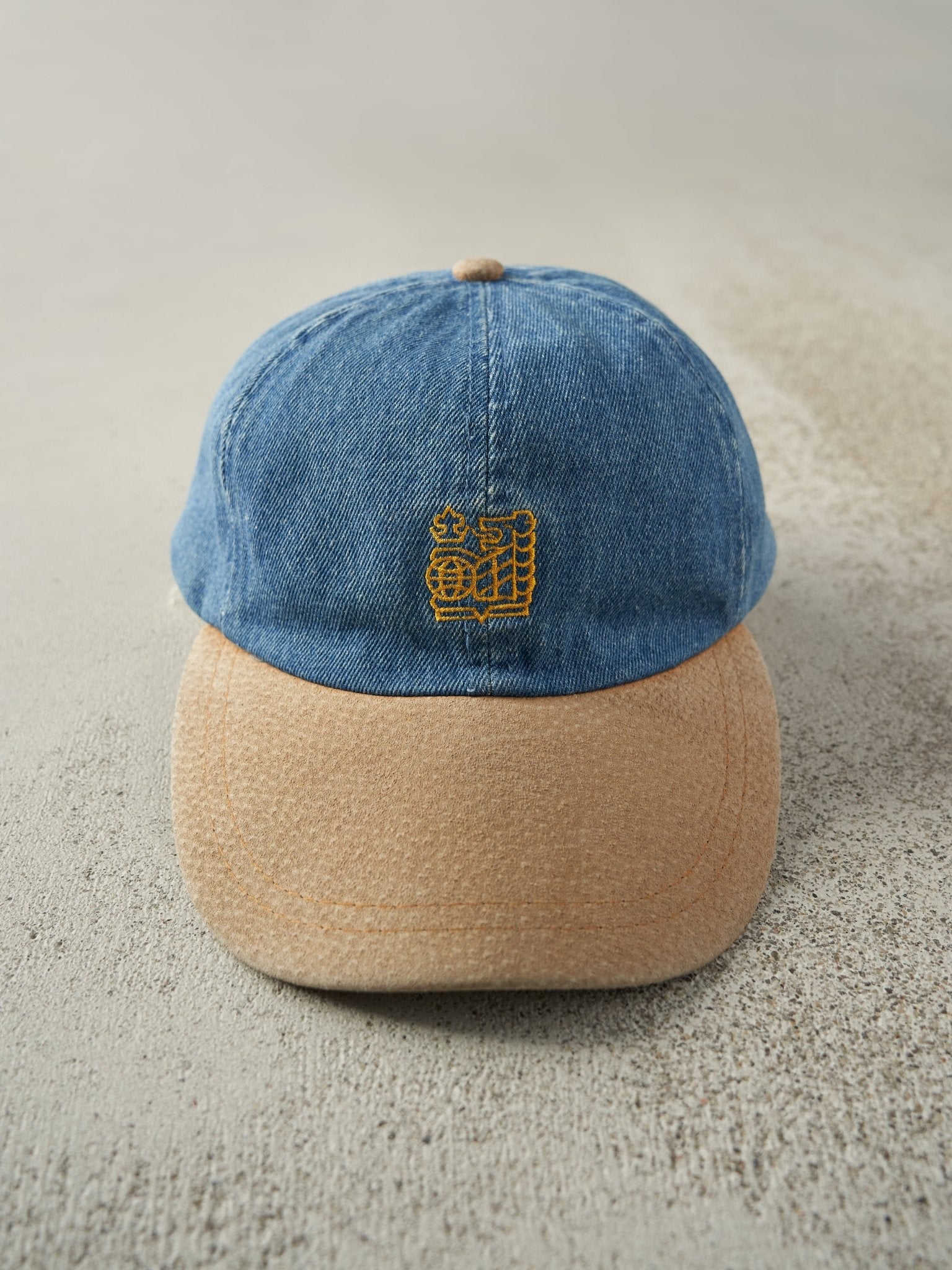 Vintage 90s Denim & Beige Embroidered Two Tone Leather Strapback