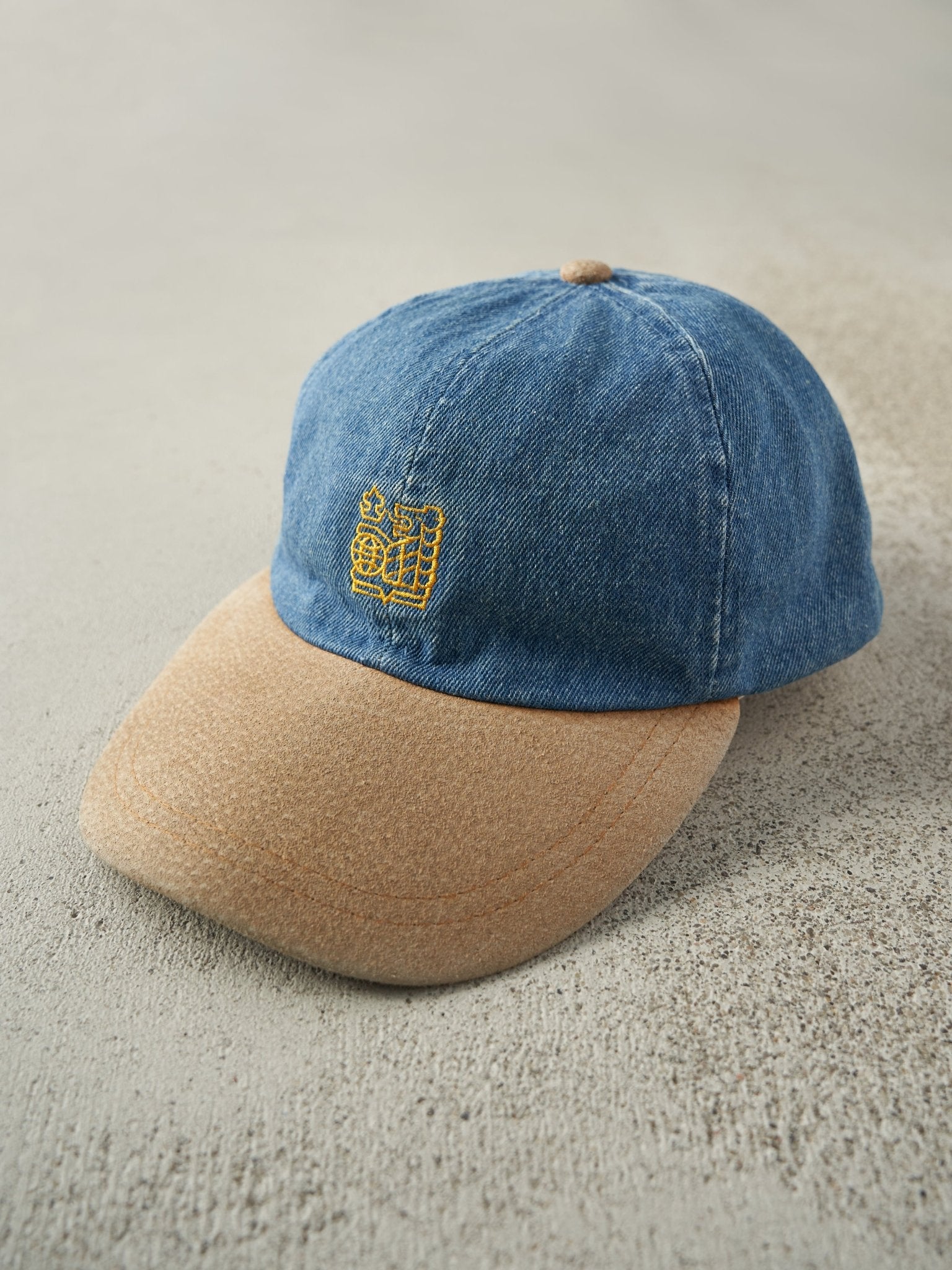 Vintage 90s Denim & Beige Embroidered Two Tone Leather Strapback