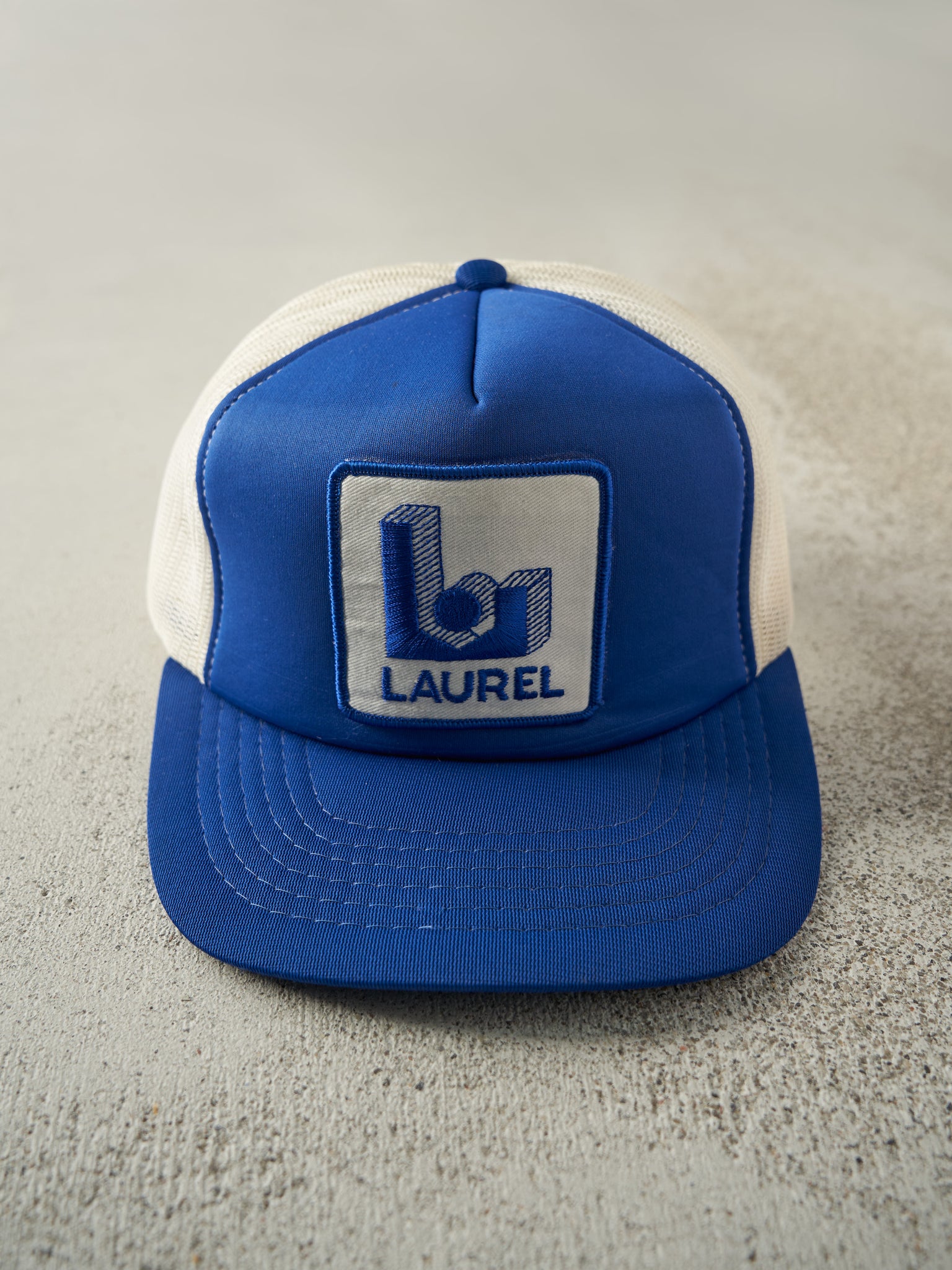 Vintage 80s Blue & White Laurel Foam Trucker Hat