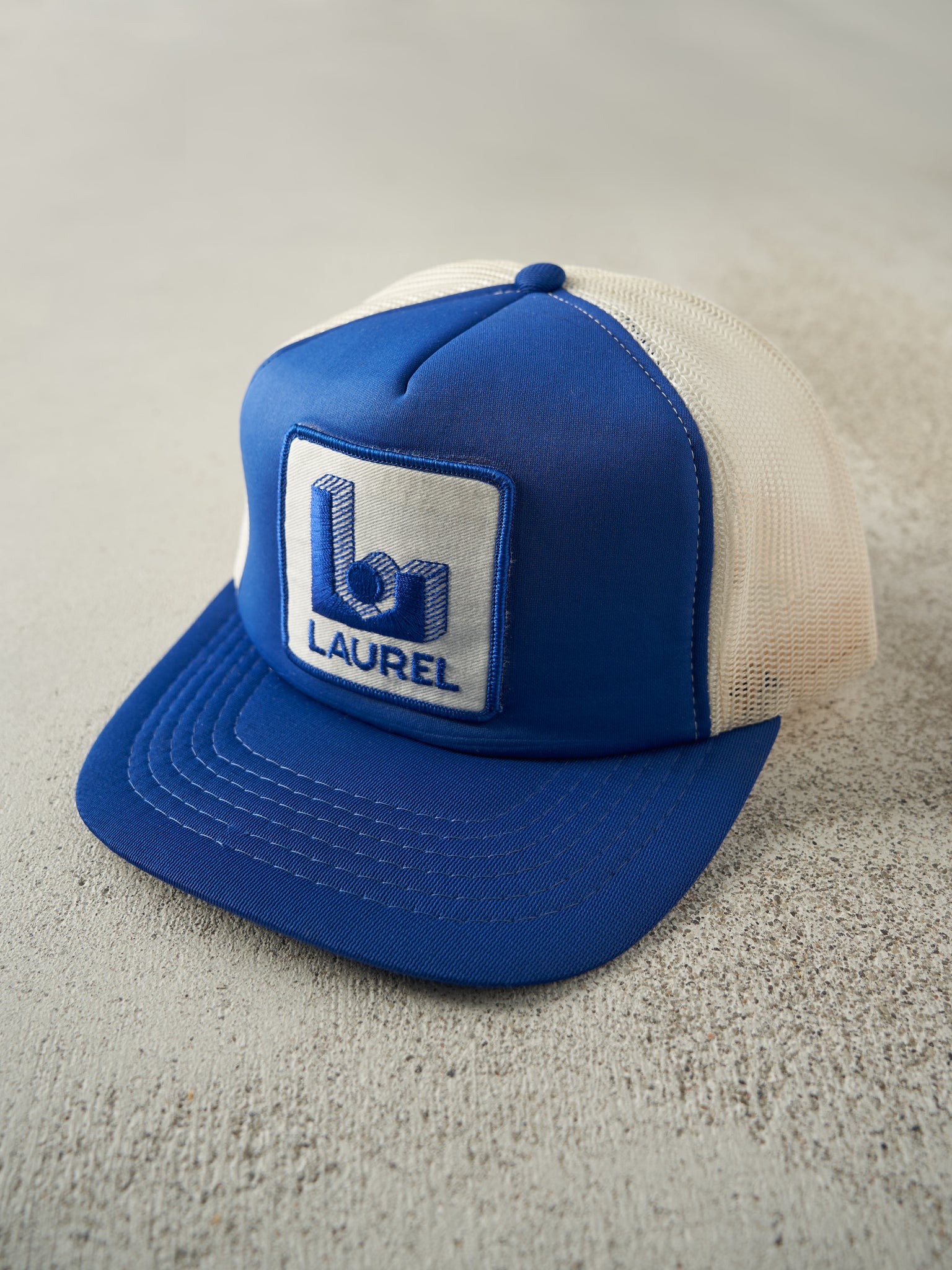 Vintage 80s Blue & White Laurel Foam Trucker Hat