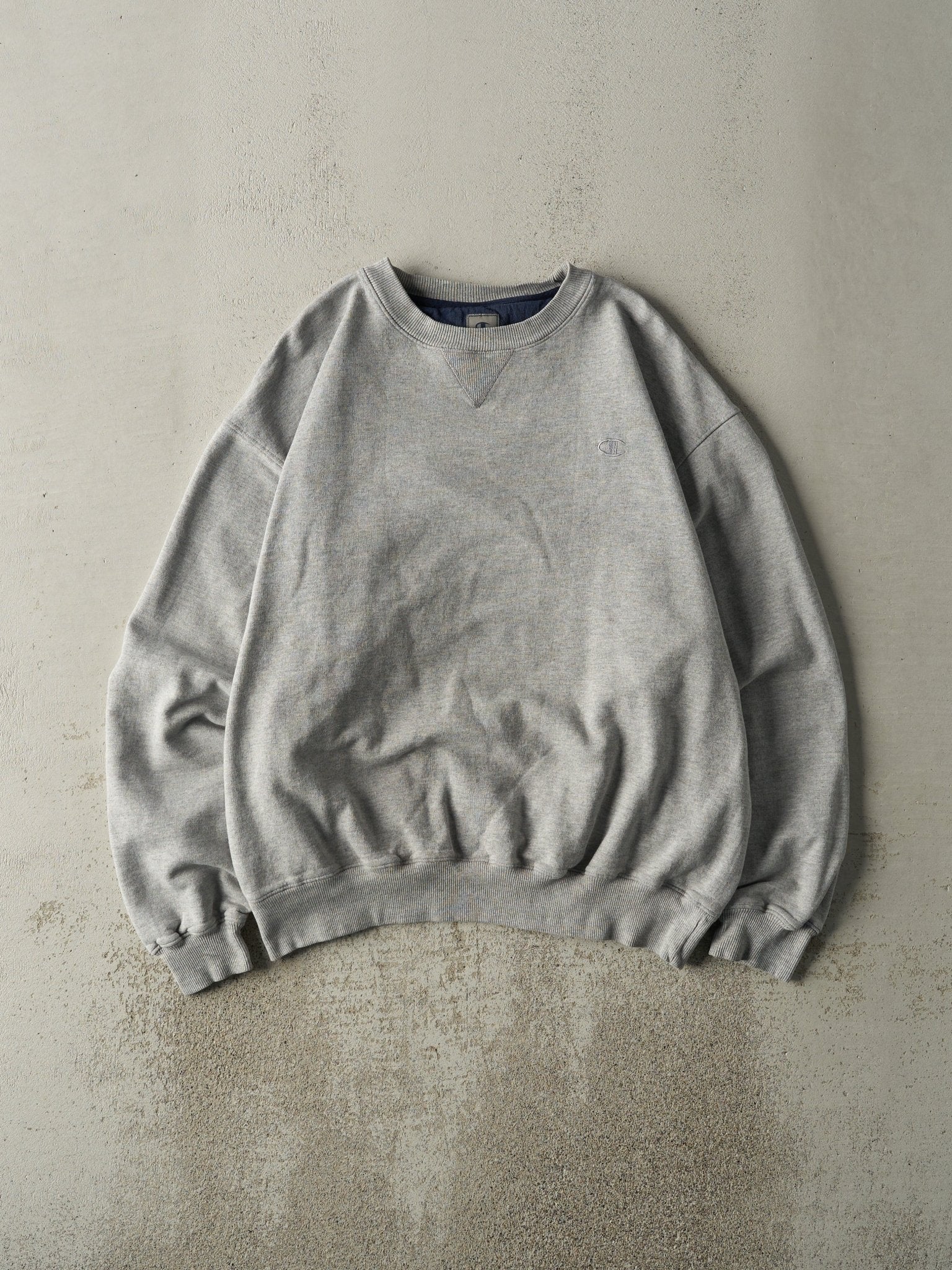Vintage Y2K Grey Embroidered Champion Crewneck (L/XL)