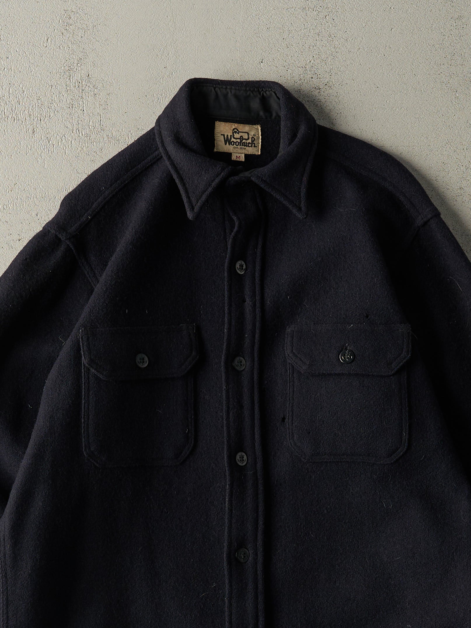 Vintage 80s Navy Blue Woolrich Wool Button Up Jacket (M)