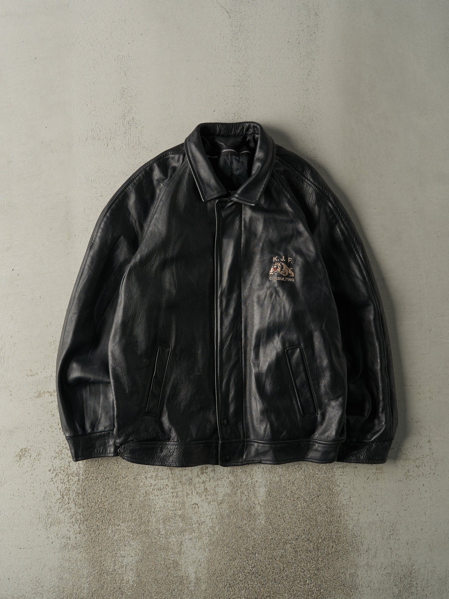 Vintage 90s Black Embroidered Canada Sportswear Leather Jacket (L)