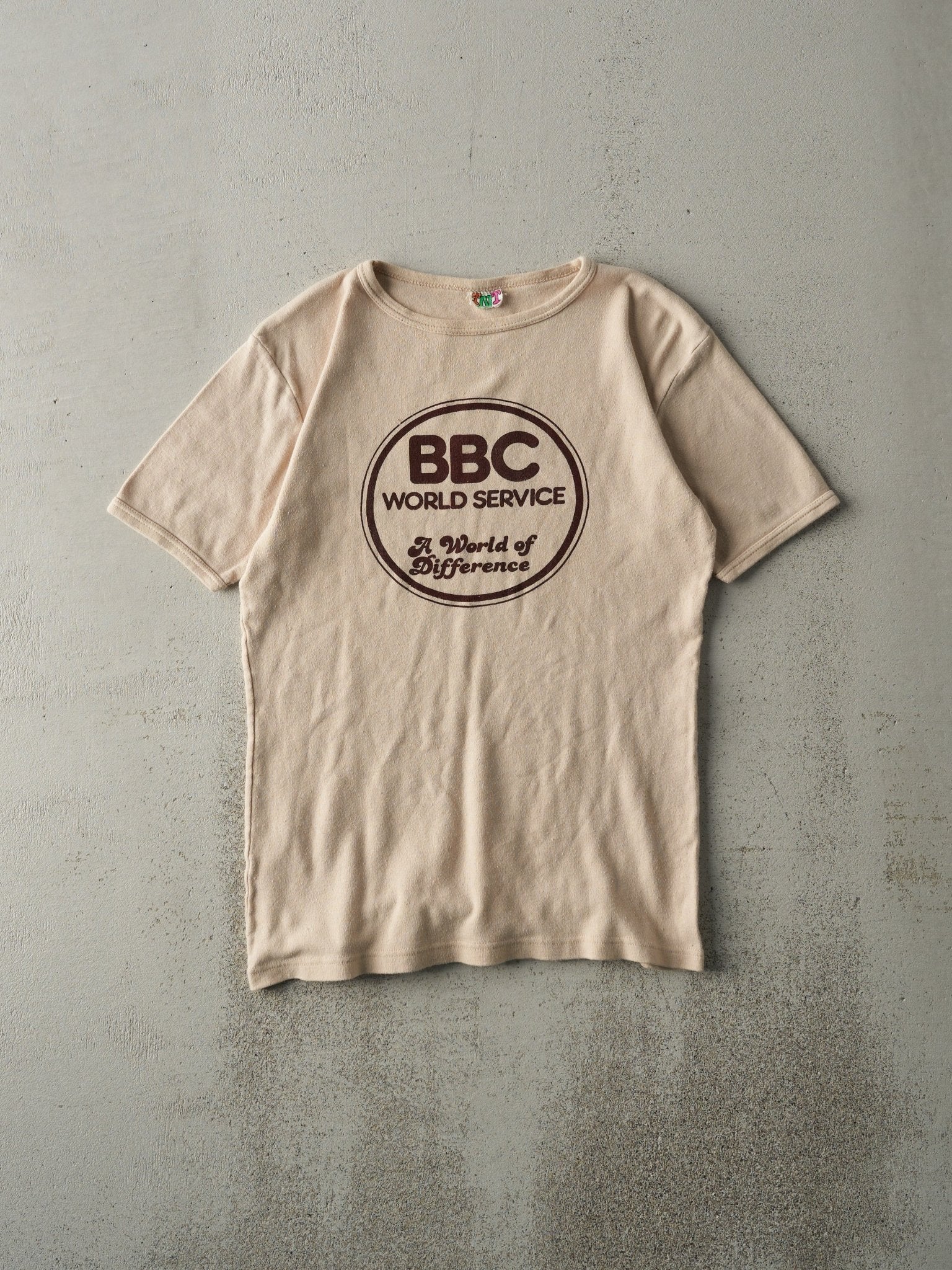 Vintage 80s Beige BBC World Service Ringer Tee (S)