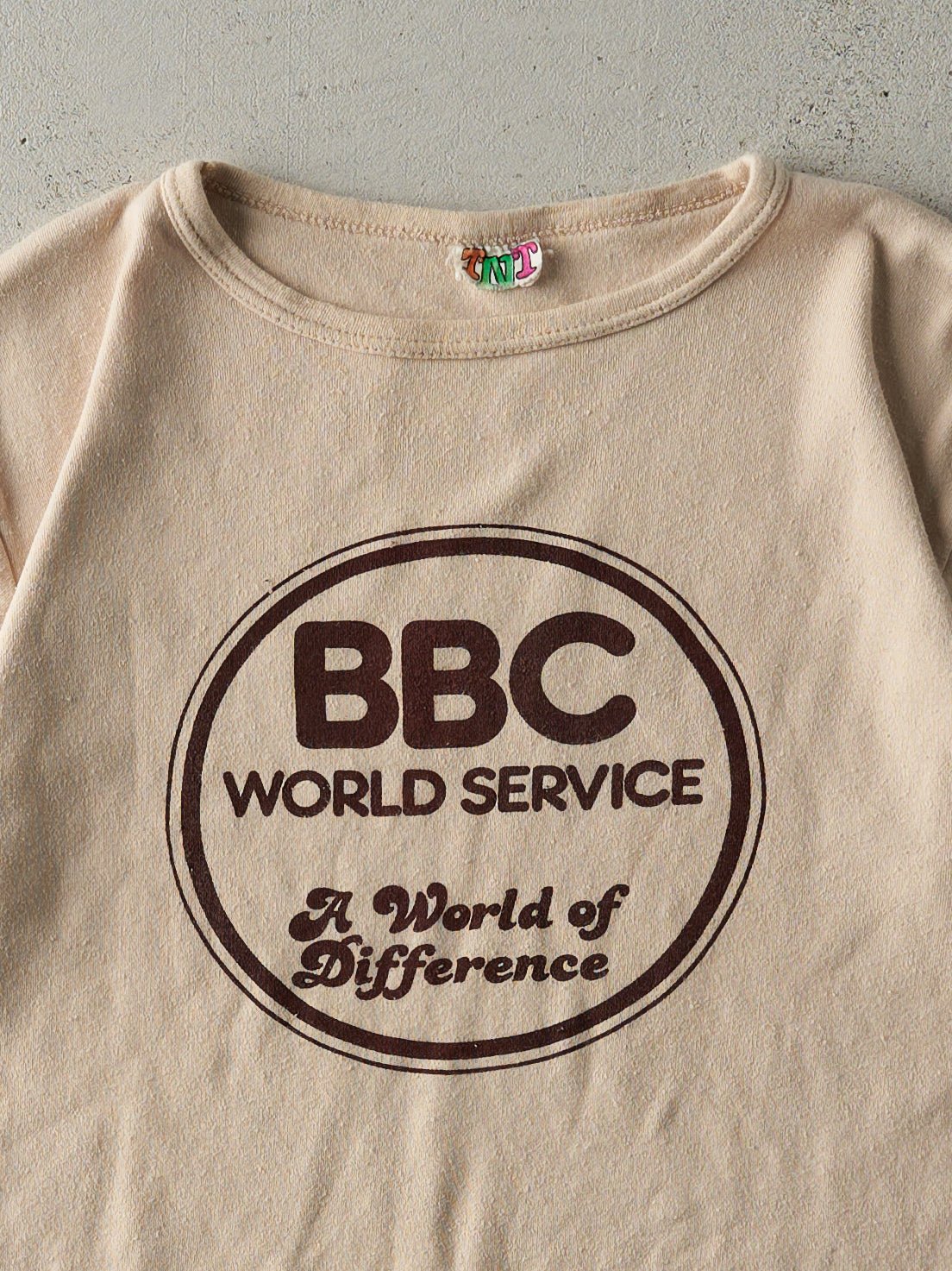 Vintage 80s Beige BBC World Service Ringer Tee (S)
