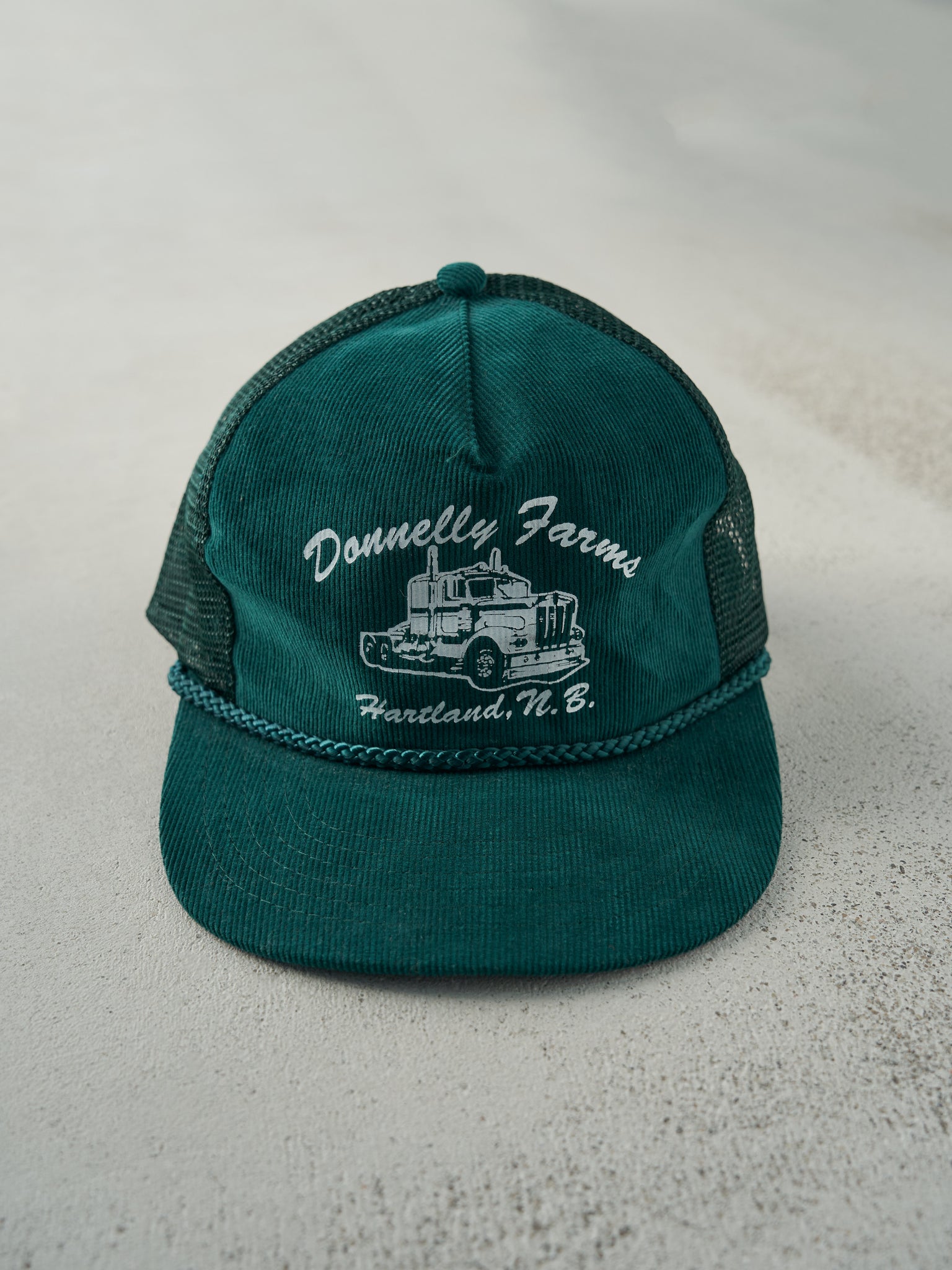 Vintage 80s Forest Green Donnelly Farms Corduroy Trucker Hat