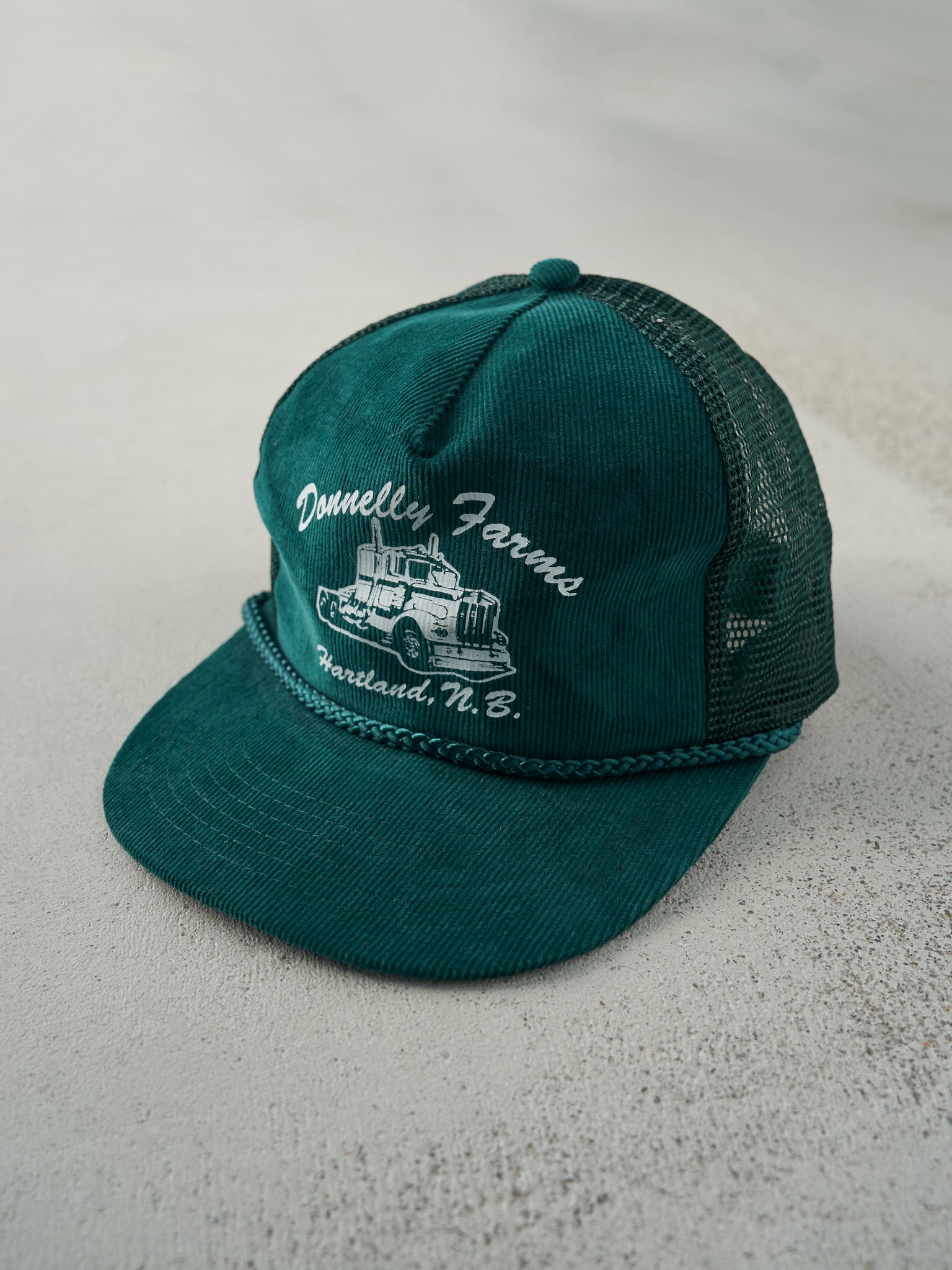 Vintage 80s Forest Green Donnelly Farms Corduroy Trucker Hat