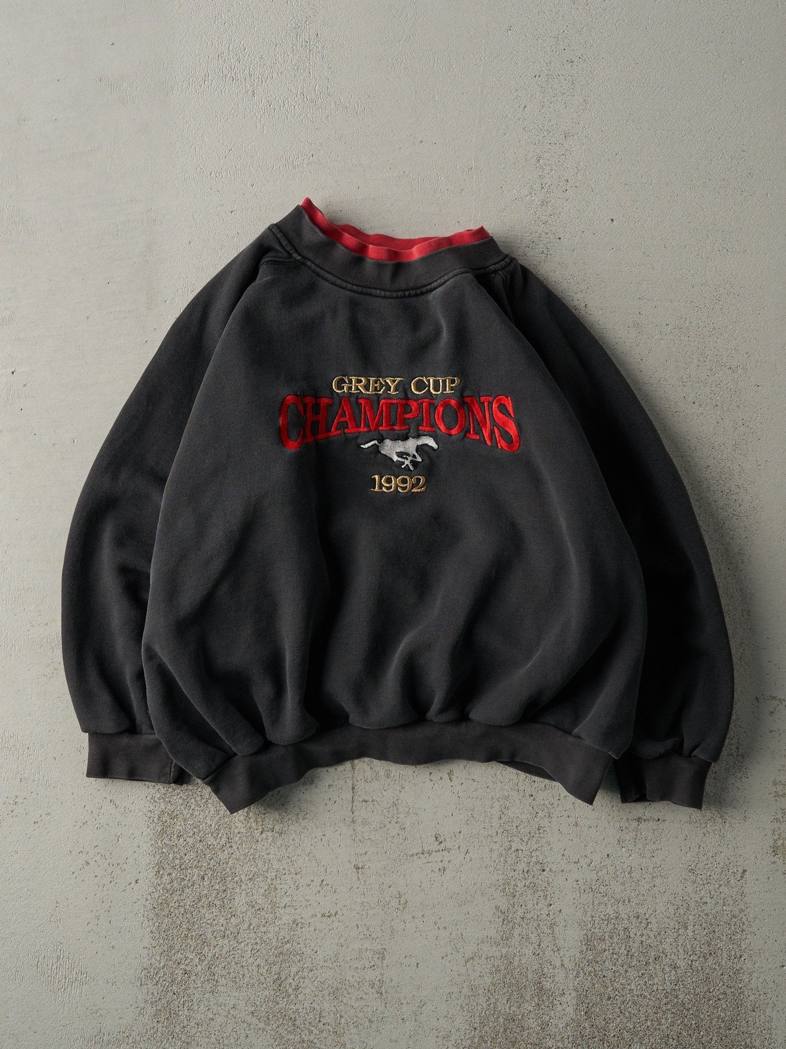Vintage 92' Faded Black Embroidered Grey Cup Champions Crewneck (S/M)