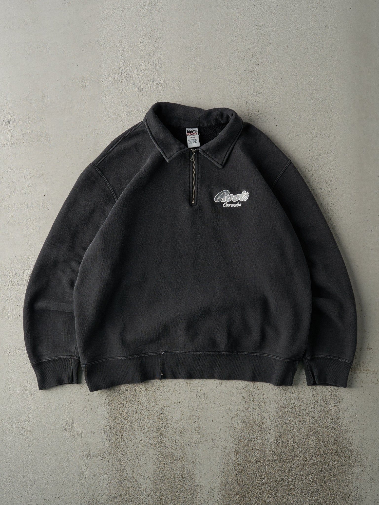 Vintage 90s Faded Black Embroidered Roots Quarter Zip Crewneck (L)