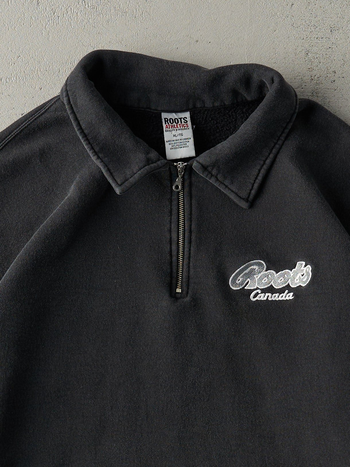 Vintage 90s Faded Black Embroidered Roots Quarter Zip Crewneck (L)
