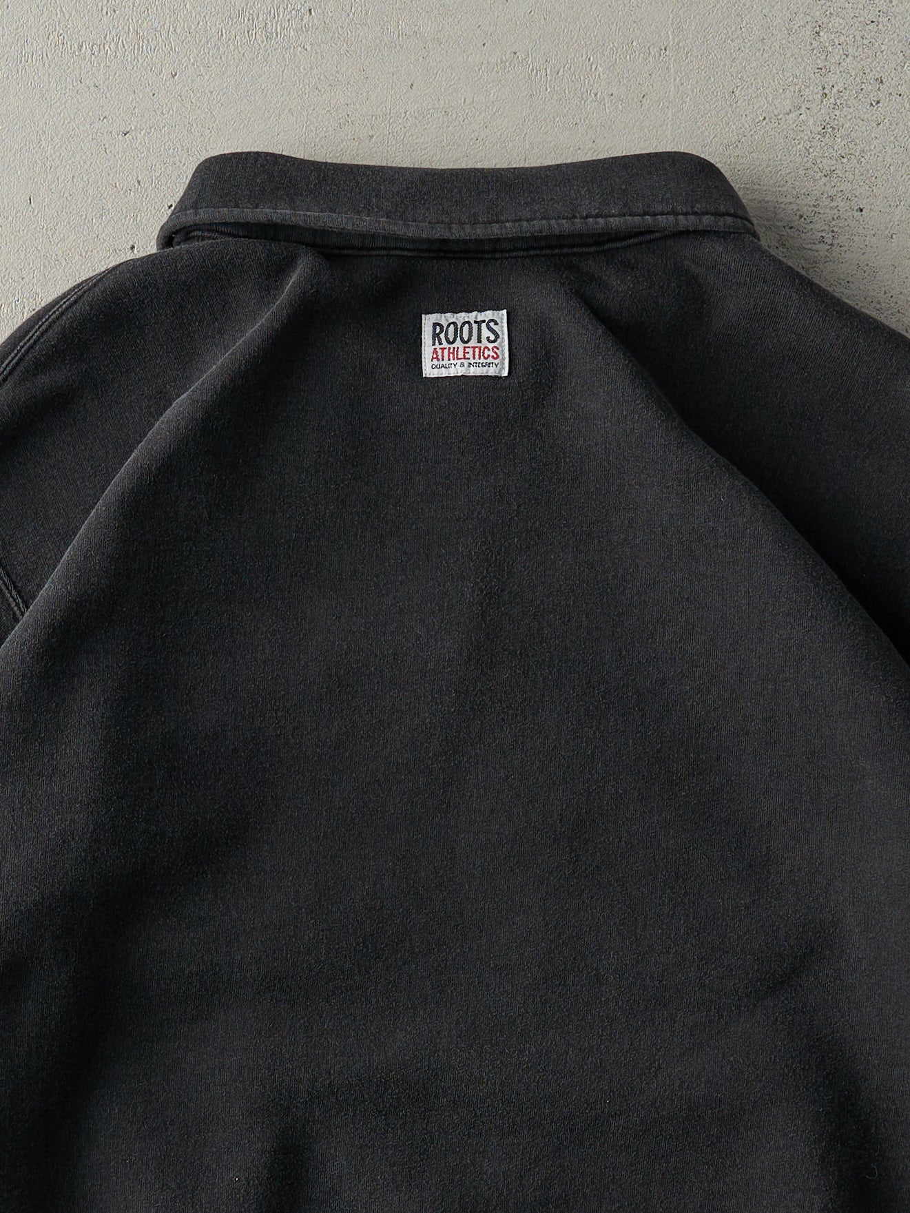 Vintage 90s Faded Black Embroidered Roots Quarter Zip Crewneck (L)