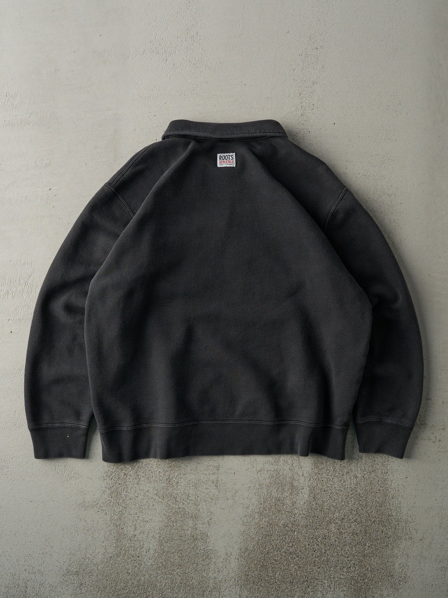Vintage 90s Faded Black Embroidered Roots Quarter Zip Crewneck (L)