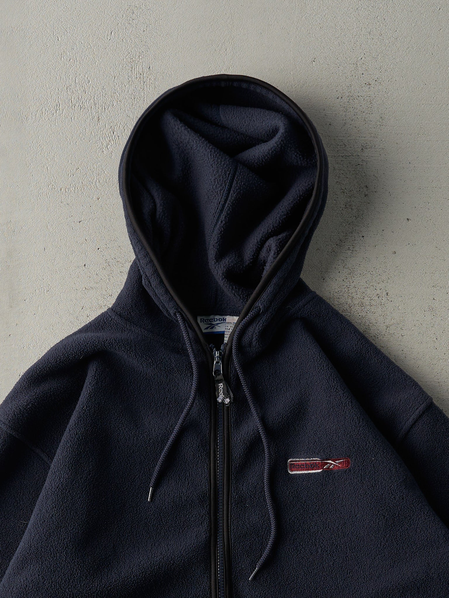 Vintage 90s Navy Blue Embroidered Reebok Fleece Zip Up Hoodie (L)