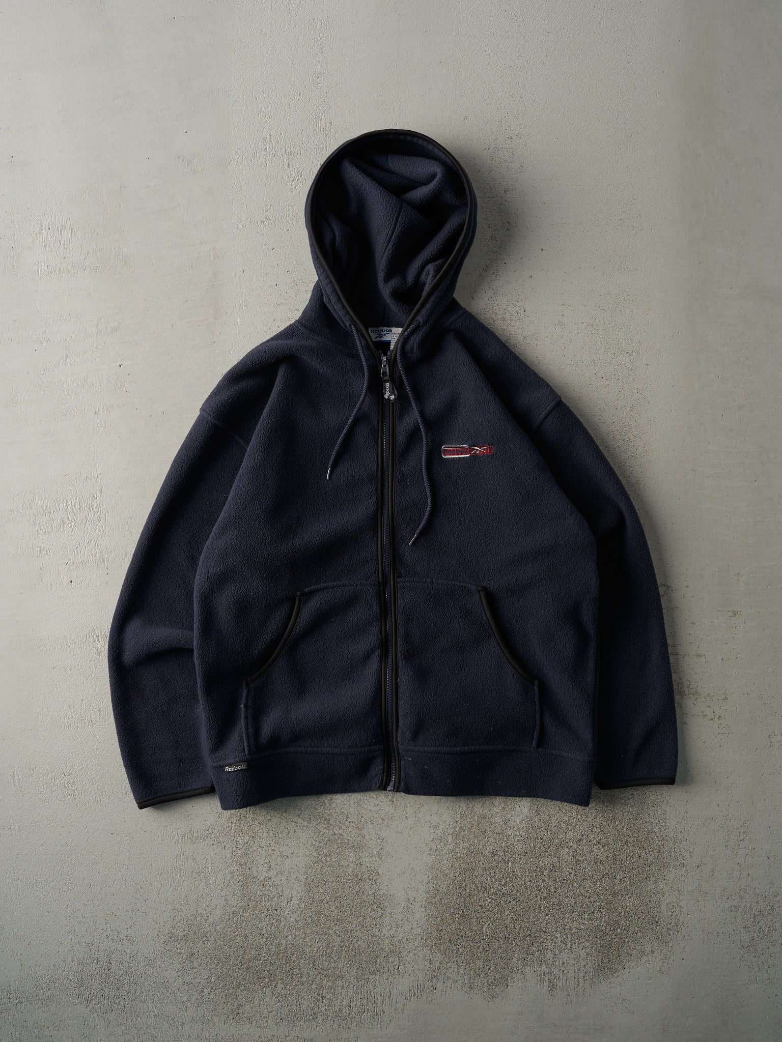 Vintage 90s Navy Blue Embroidered Reebok Fleece Zip Up Hoodie (L)