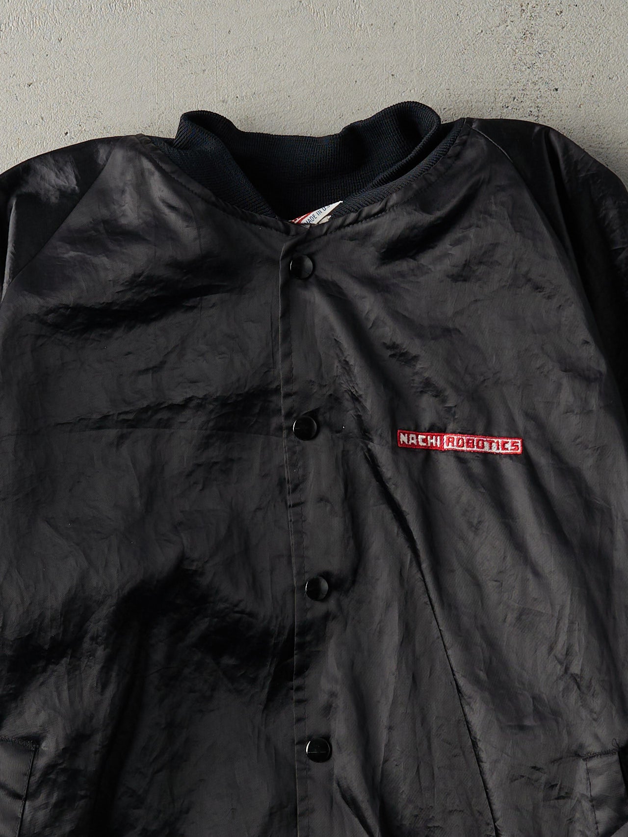 Vintage 90s Black Nachi Robotics Satin Bomber Jacket (L)