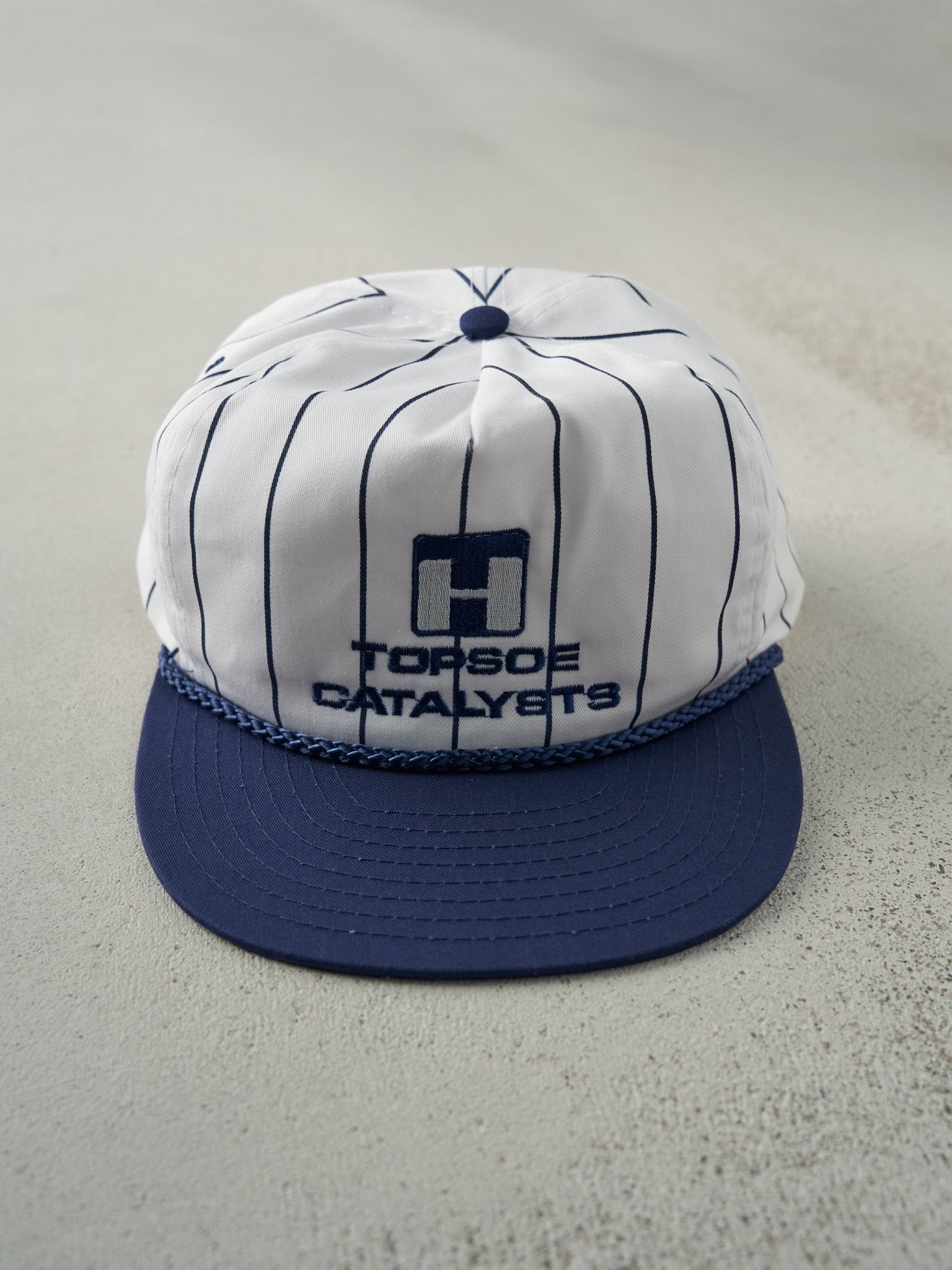 Vintage 90s Blue & White Topsoe Catalysts Striped Snapback Hat