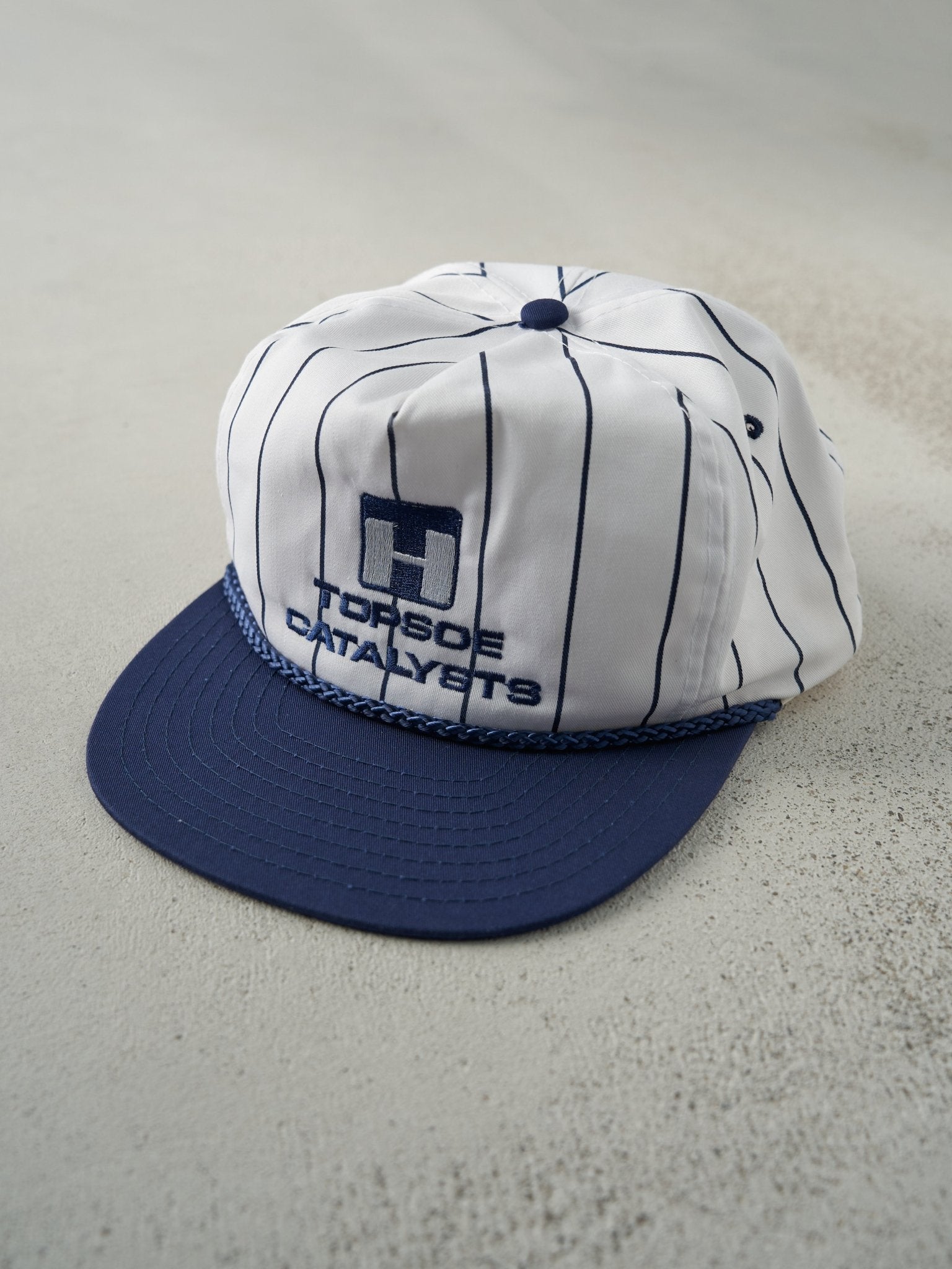 Vintage 90s Blue & White Topsoe Catalysts Striped Snapback Hat