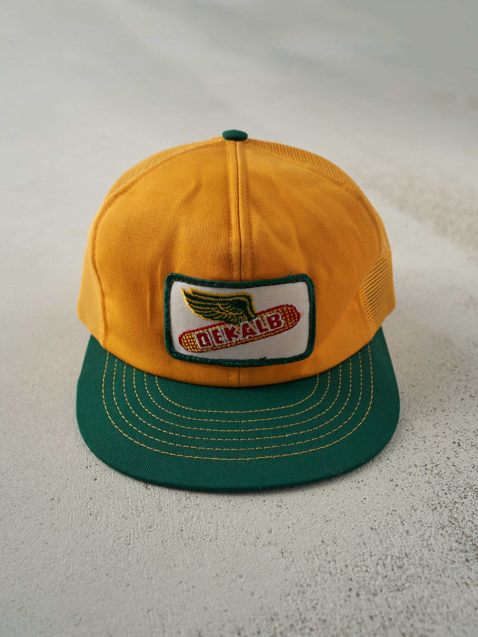 Vintage 70s Yellow & Green Dekalb Logo Foam Trucker Hat