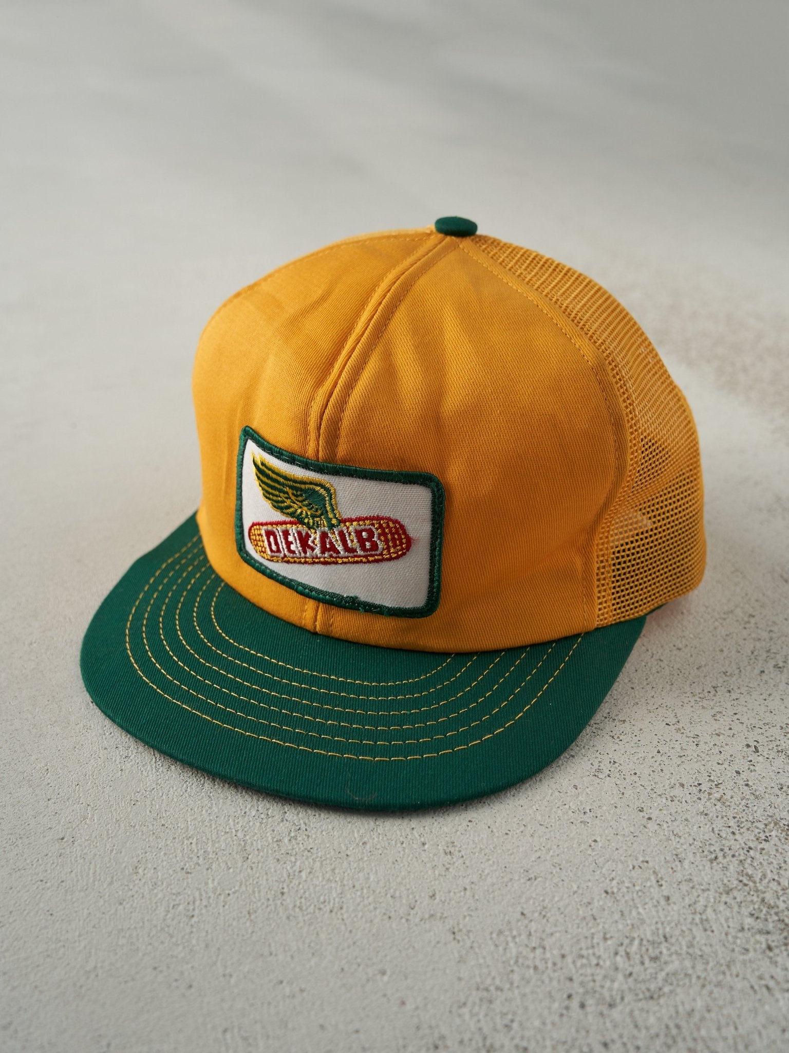 Vintage 70s Yellow & Green Dekalb Logo Foam Trucker Hat