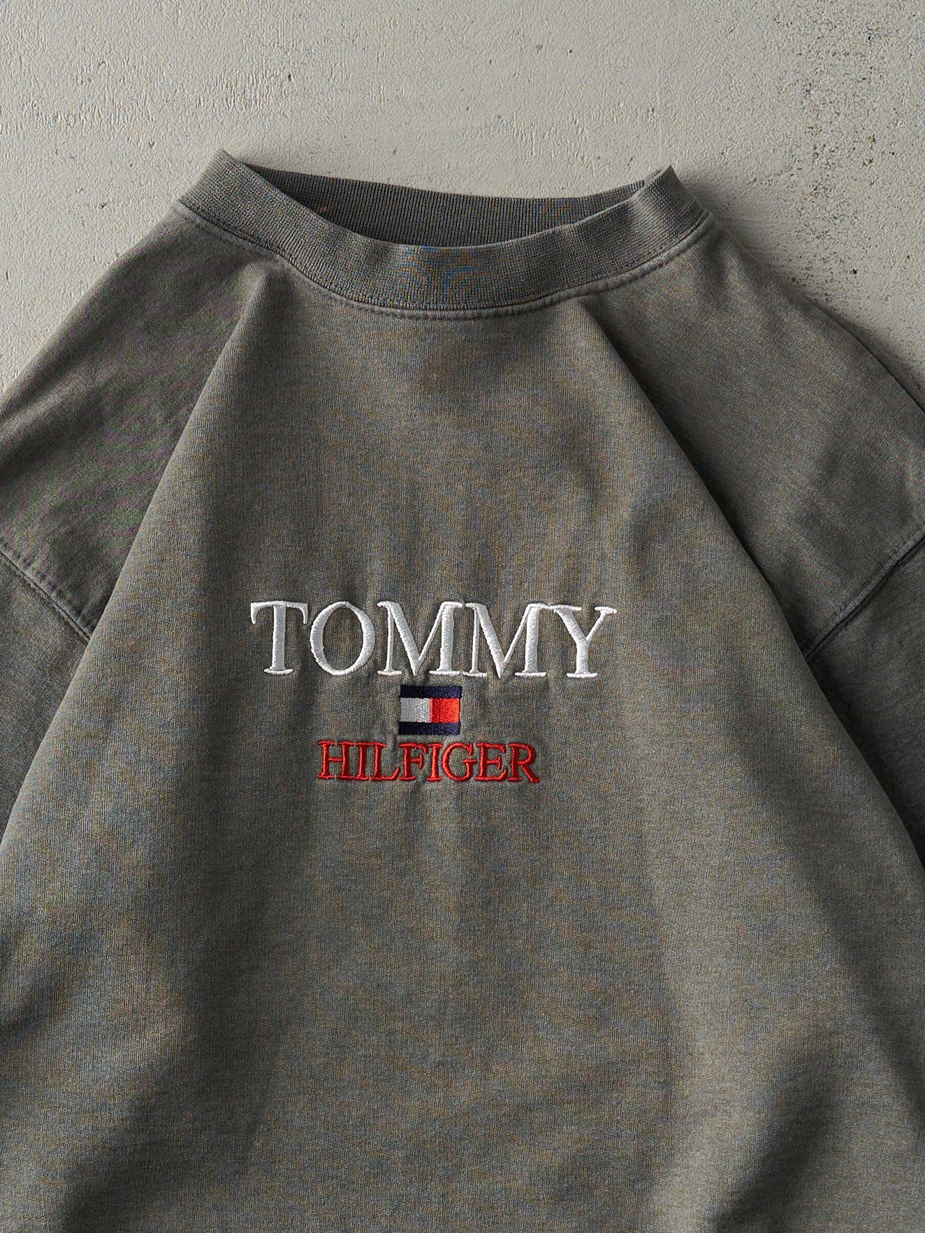 Vintage 90s Washed Green Tommy Hilfiger Embroidered Crewneck (M)
