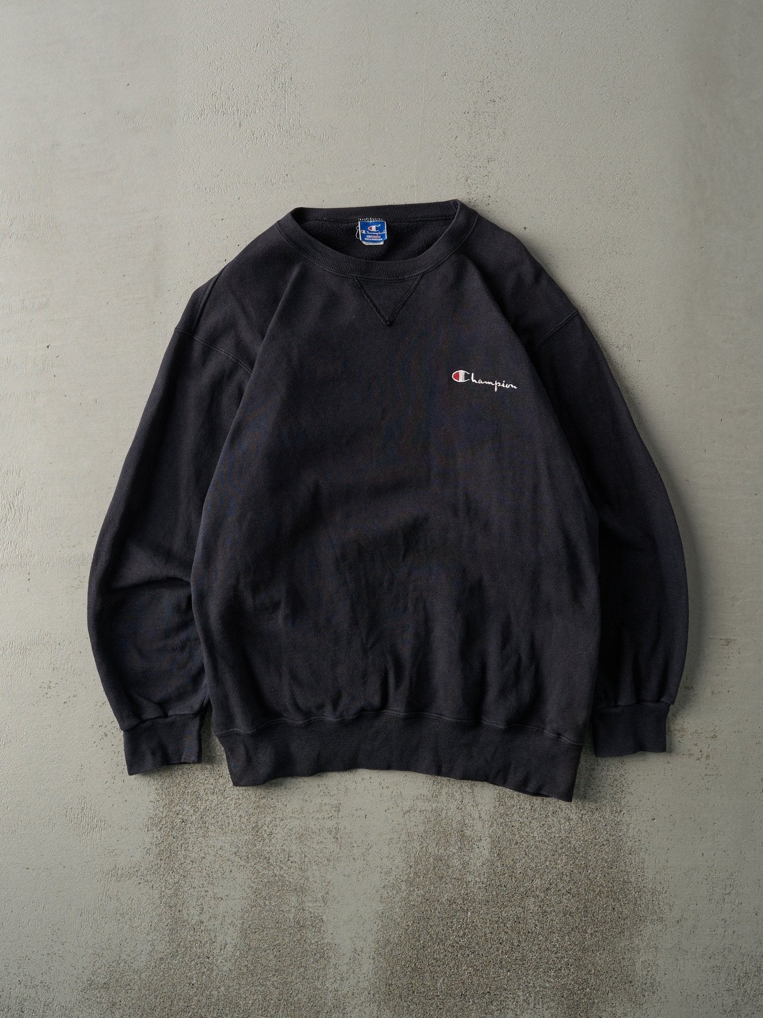 Vintage 90s Faded Black Embroidered Champion Crewneck (L/XL)