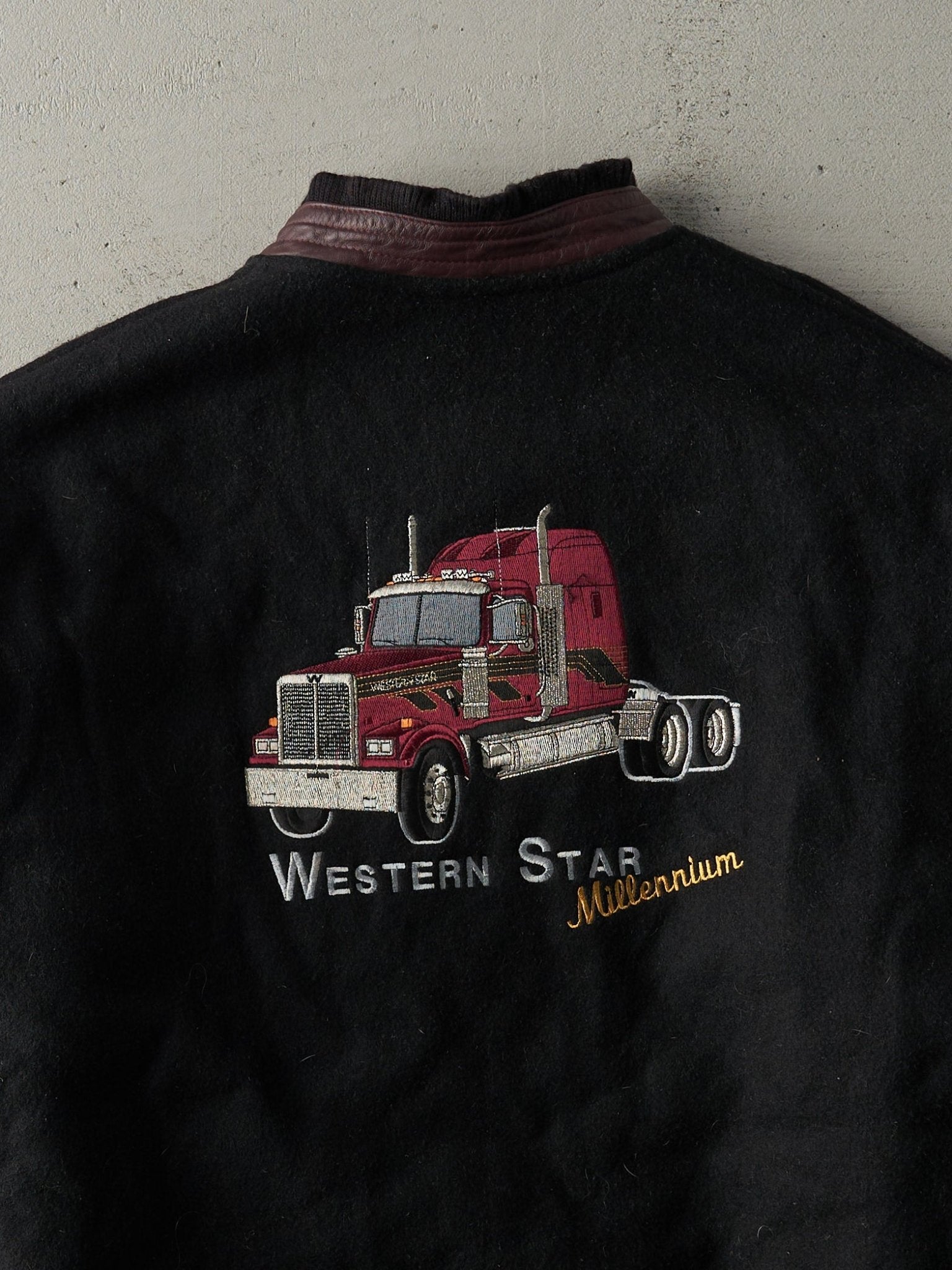Vintage Y2K Black & Burgundy Western Star Trucking Varsity Jacket (XL)