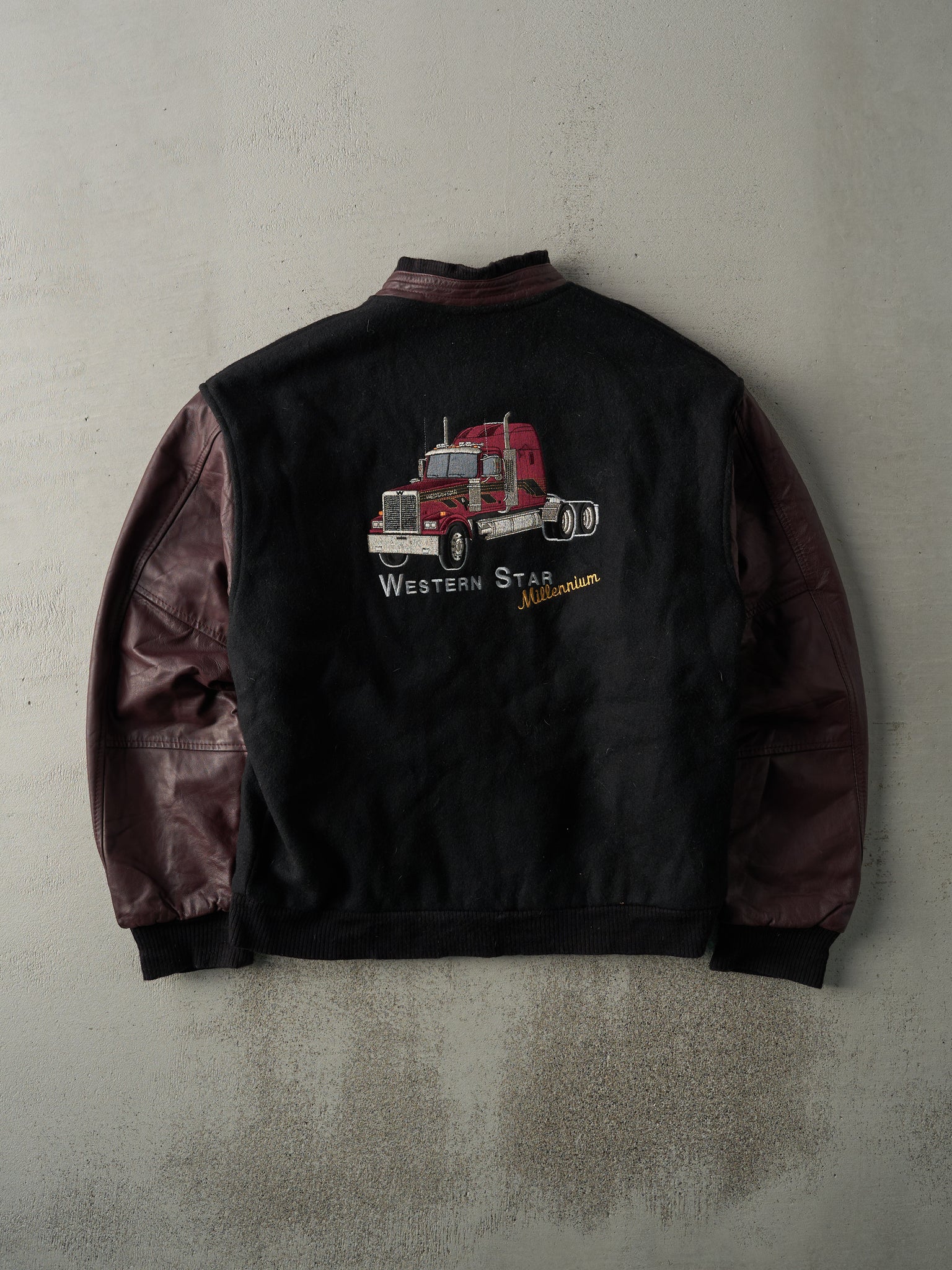 Vintage Y2K Black & Burgundy Western Star Trucking Varsity Jacket (XL)