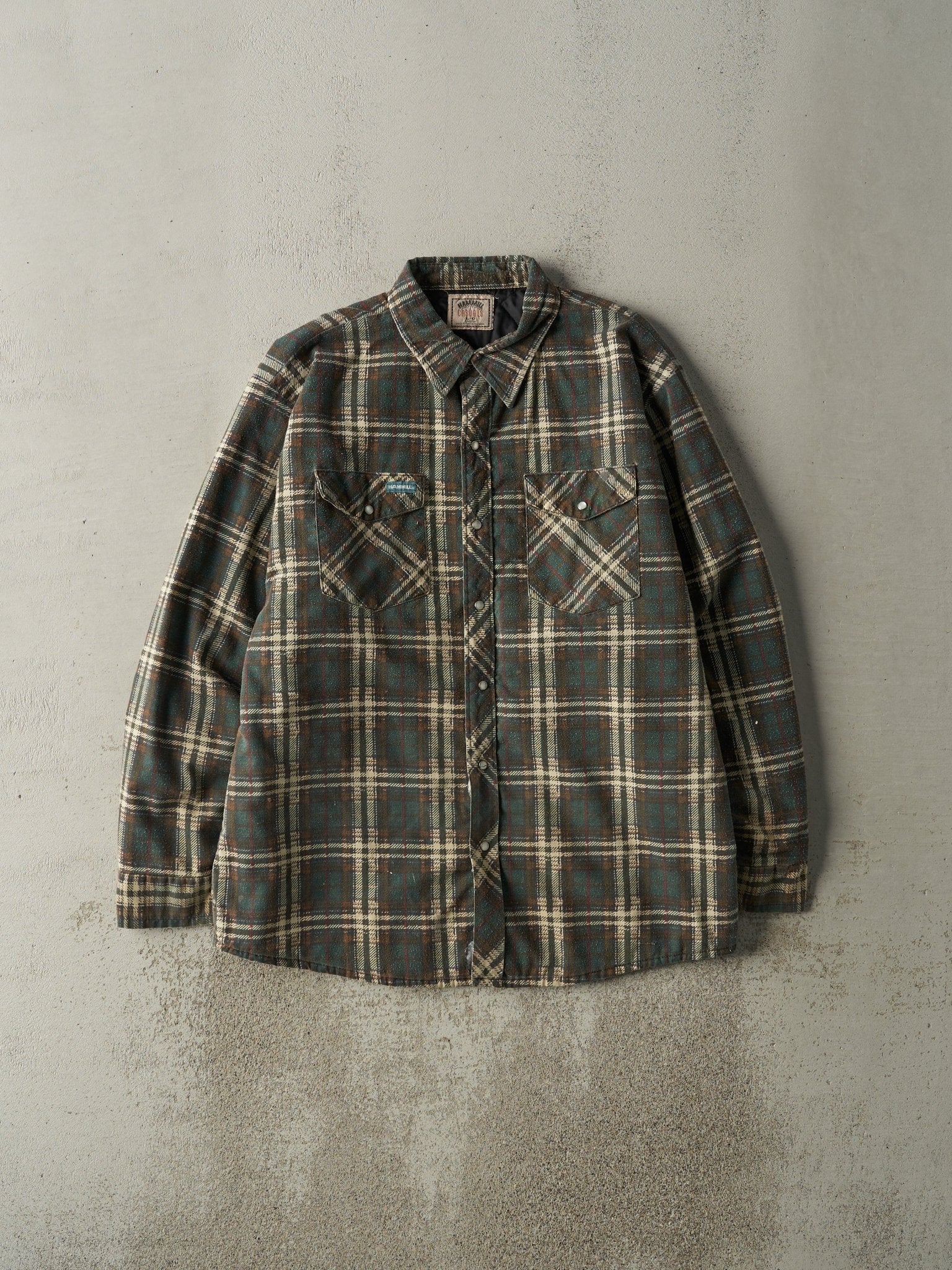 Vintage 90s Green & Brown Quilt Lined Flannel Button Up (L)