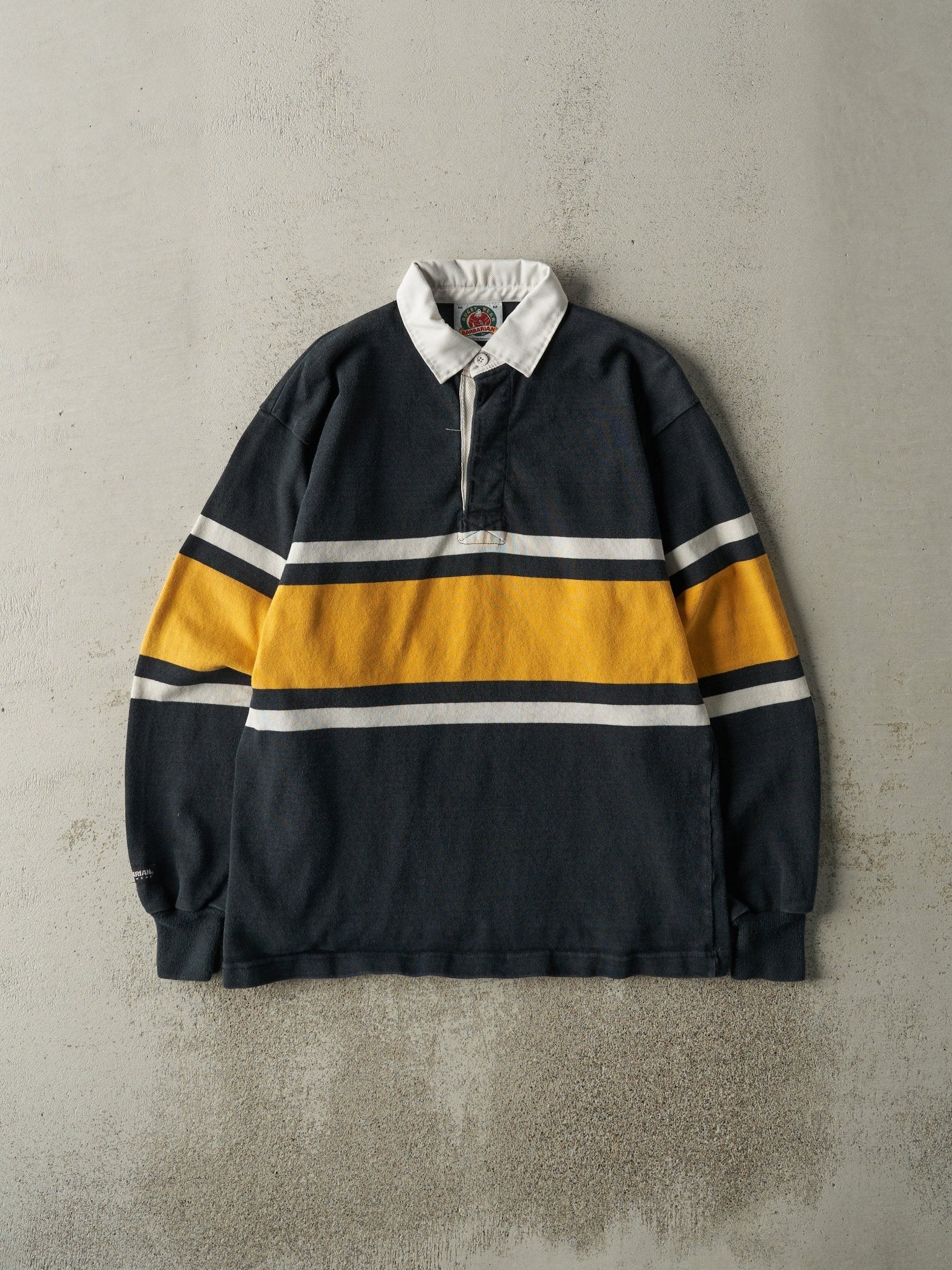 Vintage Y2K Black, Yellow & White Rugby Quarter Button Long Sleeve (M)