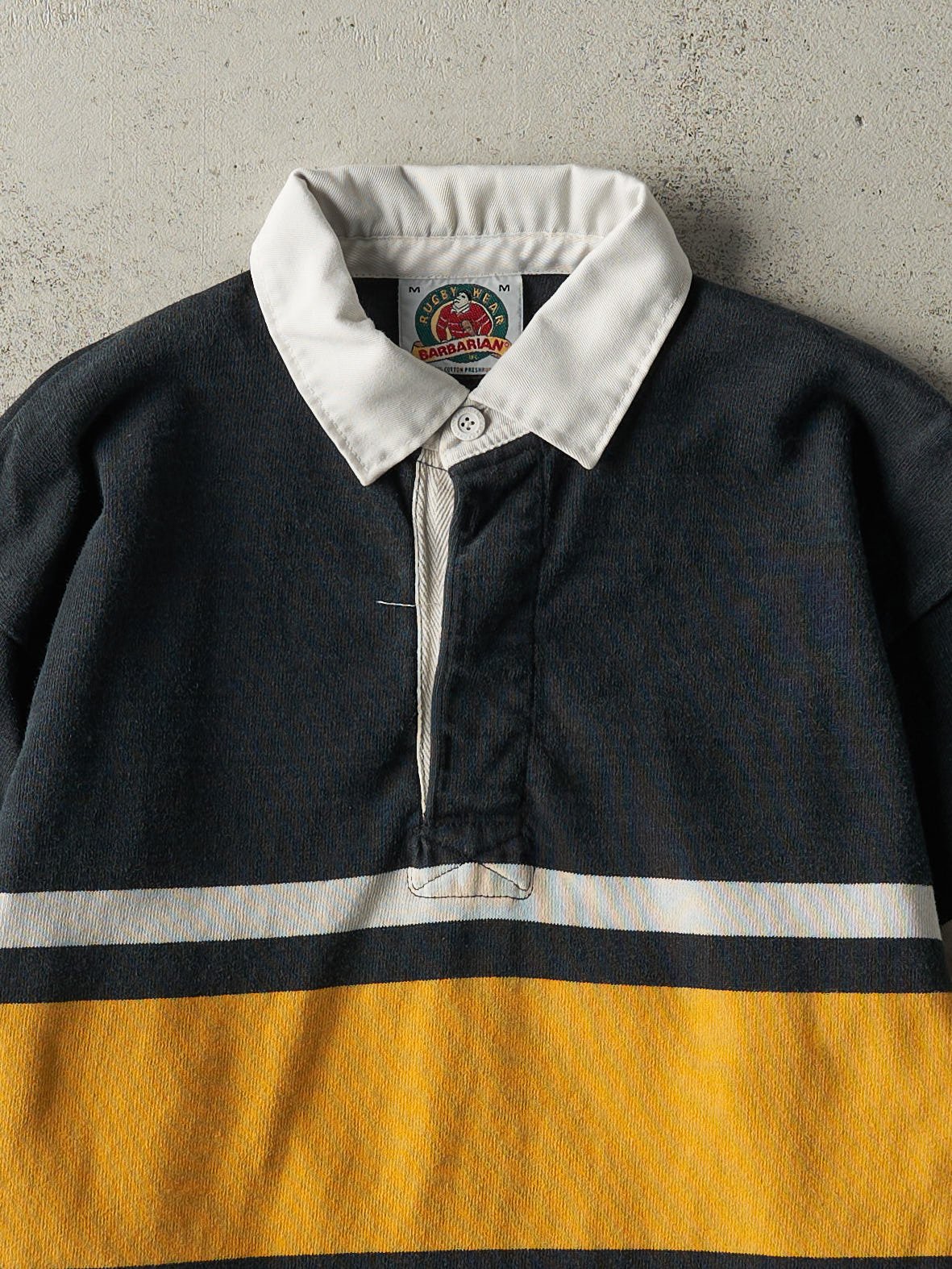 Vintage Y2K Black, Yellow & White Rugby Quarter Button Long Sleeve (M)