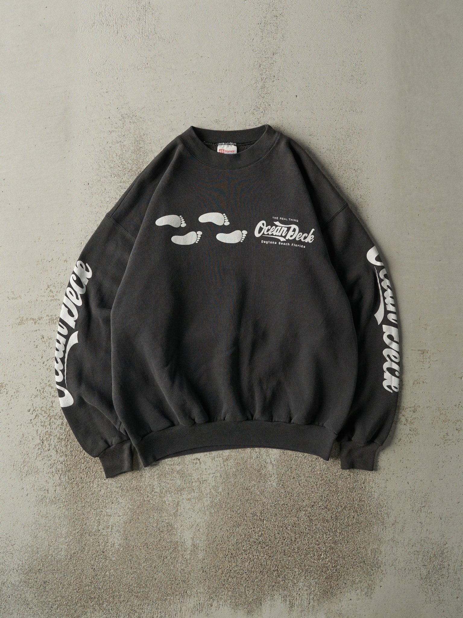 Vintage 90s Faded Black Ocean Deck Daytona Beach Florida Crewneck (M)