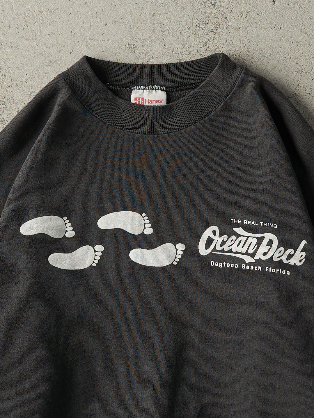 Vintage 90s Faded Black Ocean Deck Daytona Beach Florida Crewneck (M)