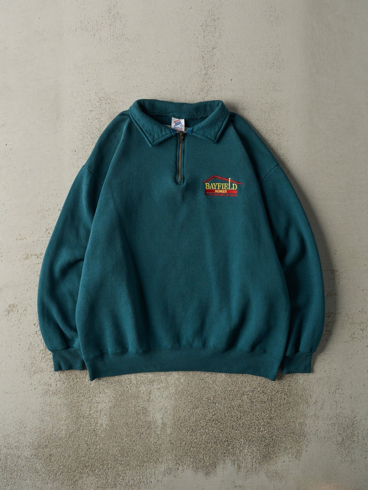 Vintage 80s Deep Teal Embroidered Quarter Zip Sweatshirt (L)