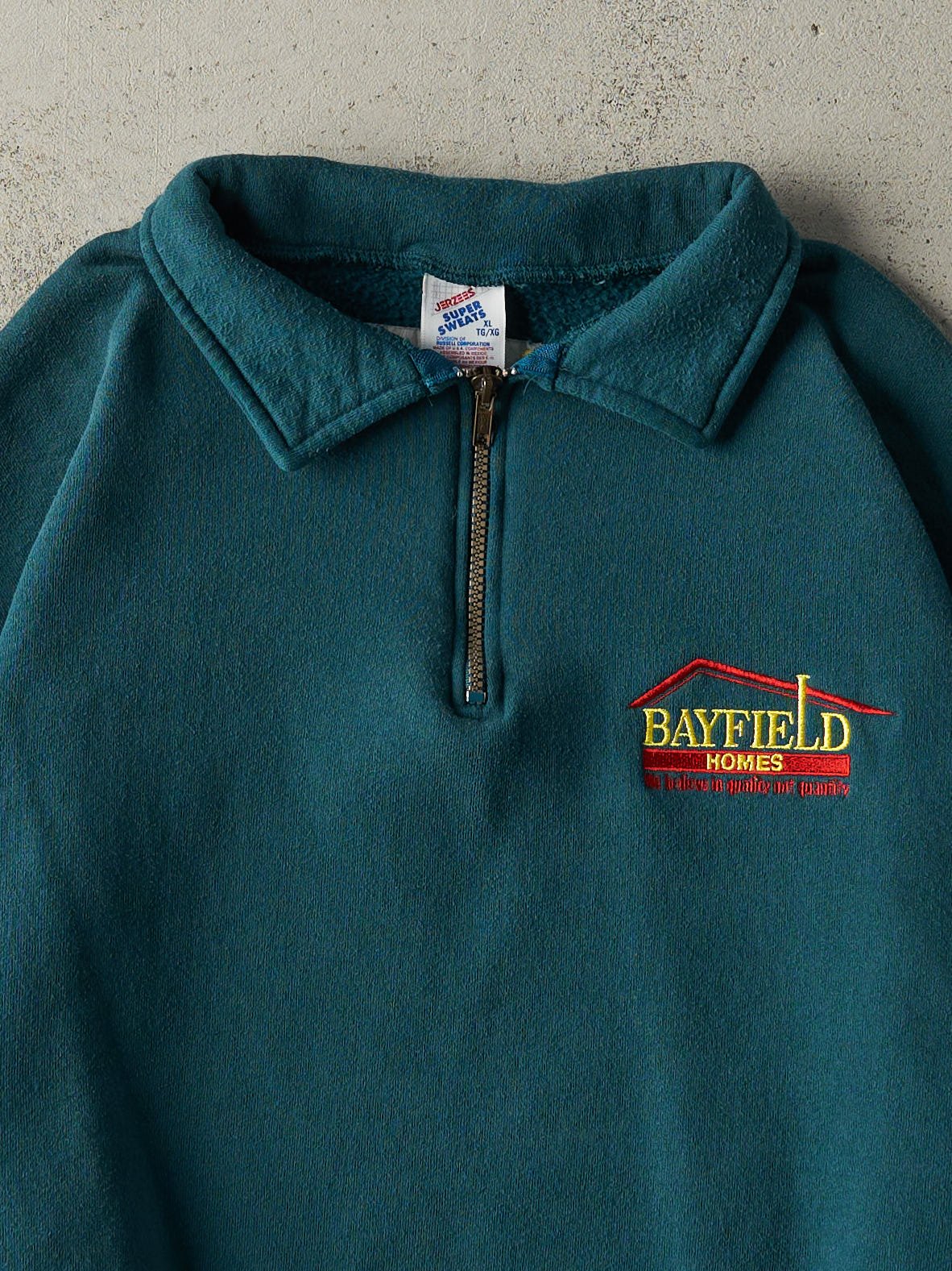 Vintage 80s Deep Teal Embroidered Quarter Zip Sweatshirt (L)