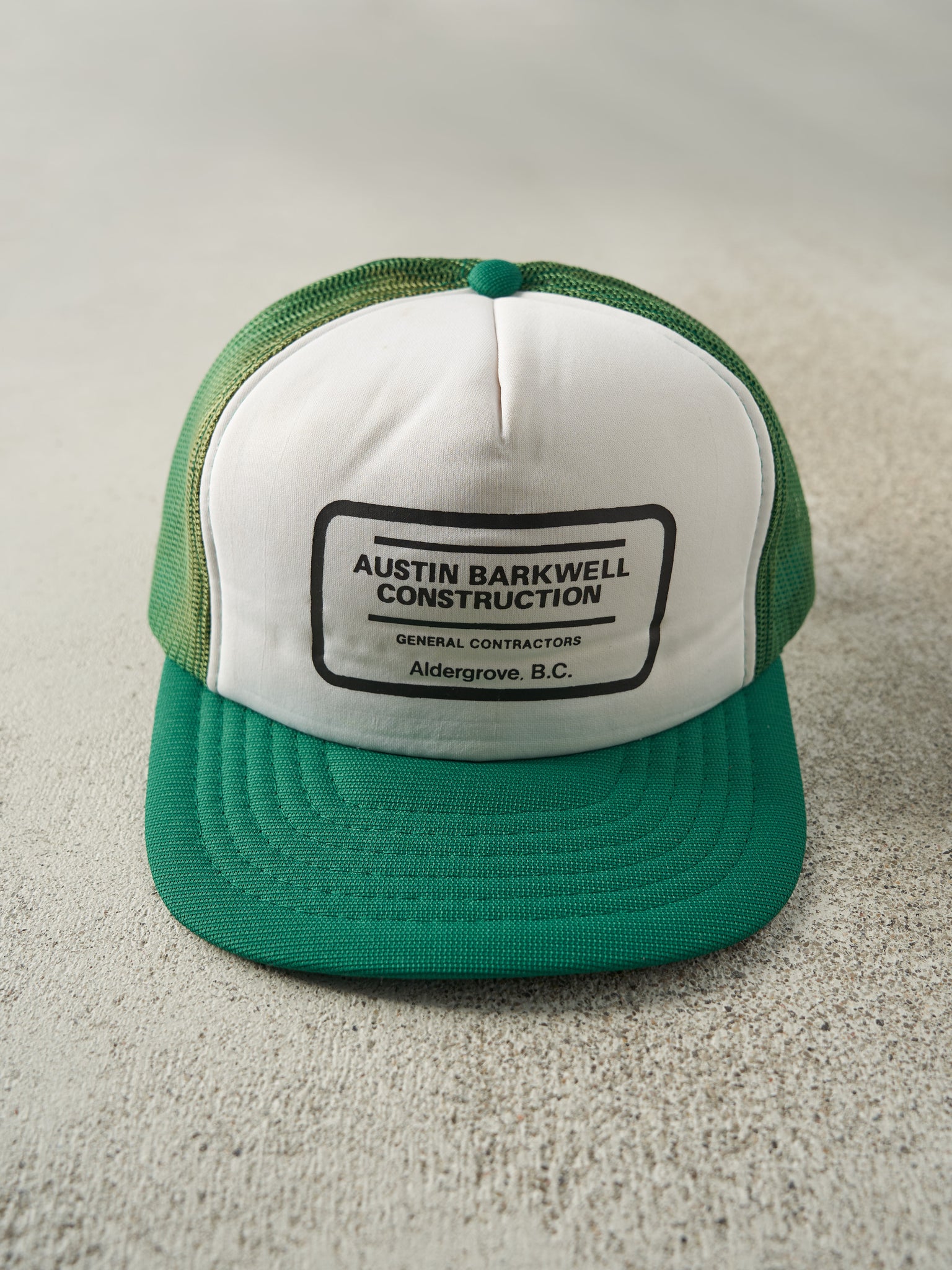 Vintage 80s Green & White Austin Barkwell Construction Foam Trucker Hat