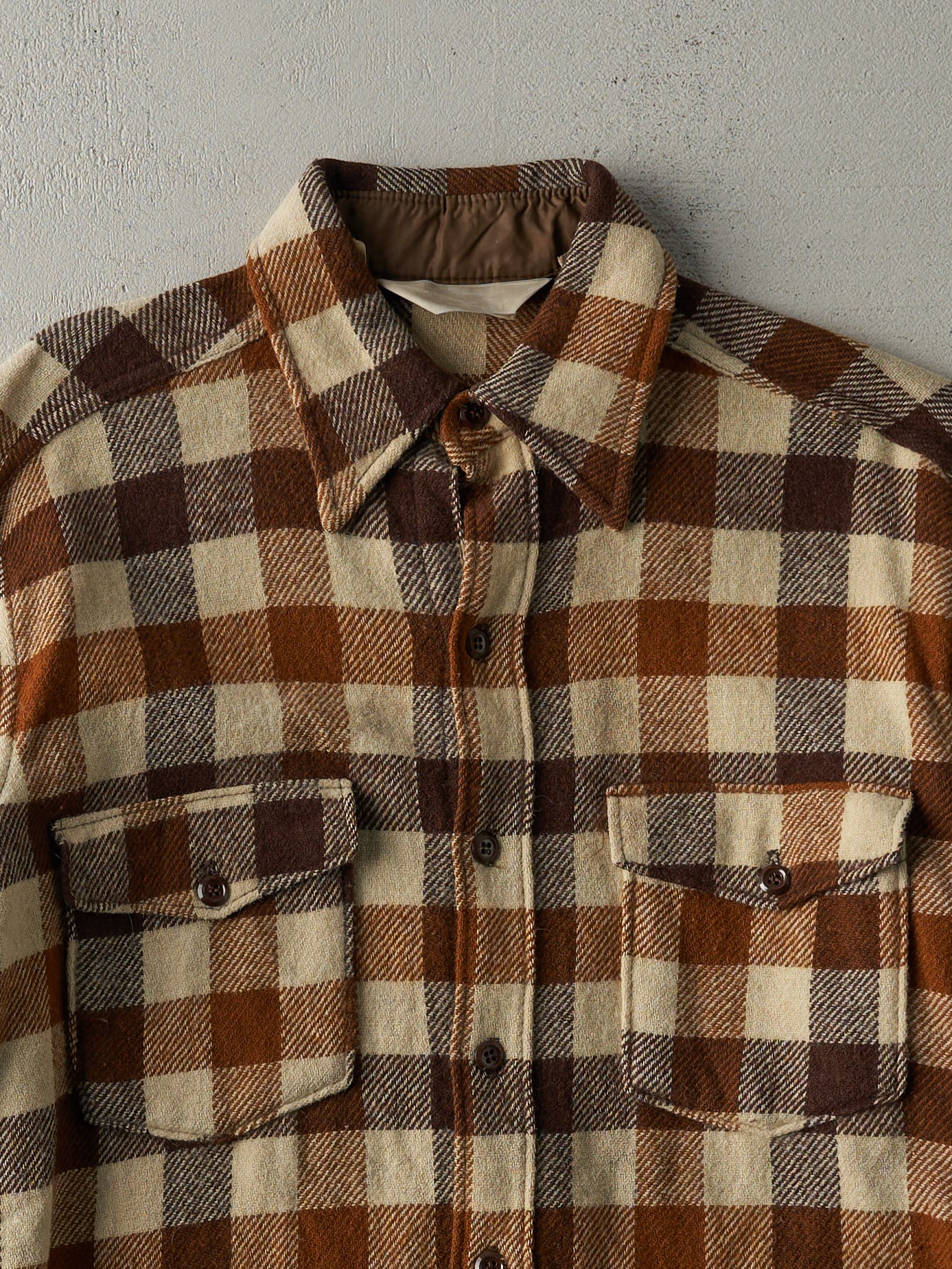 Vintage 70s Beige & Brown Flannel Button Up (L)