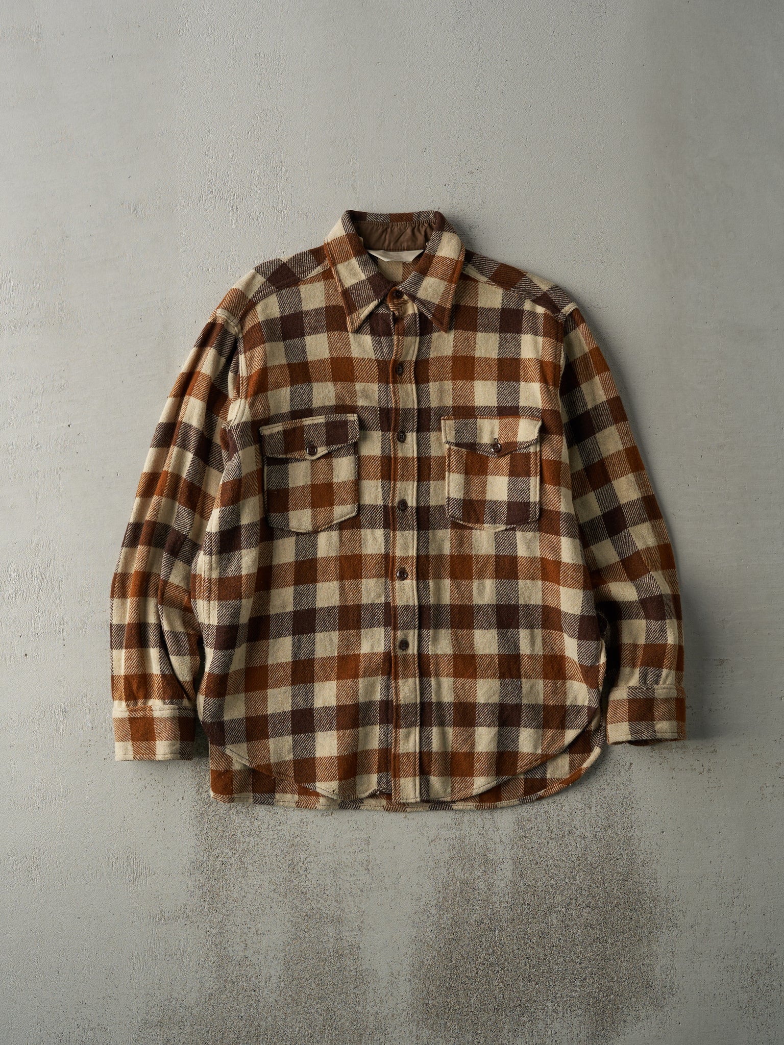 Vintage 70s Beige & Brown Flannel Button Up (L)