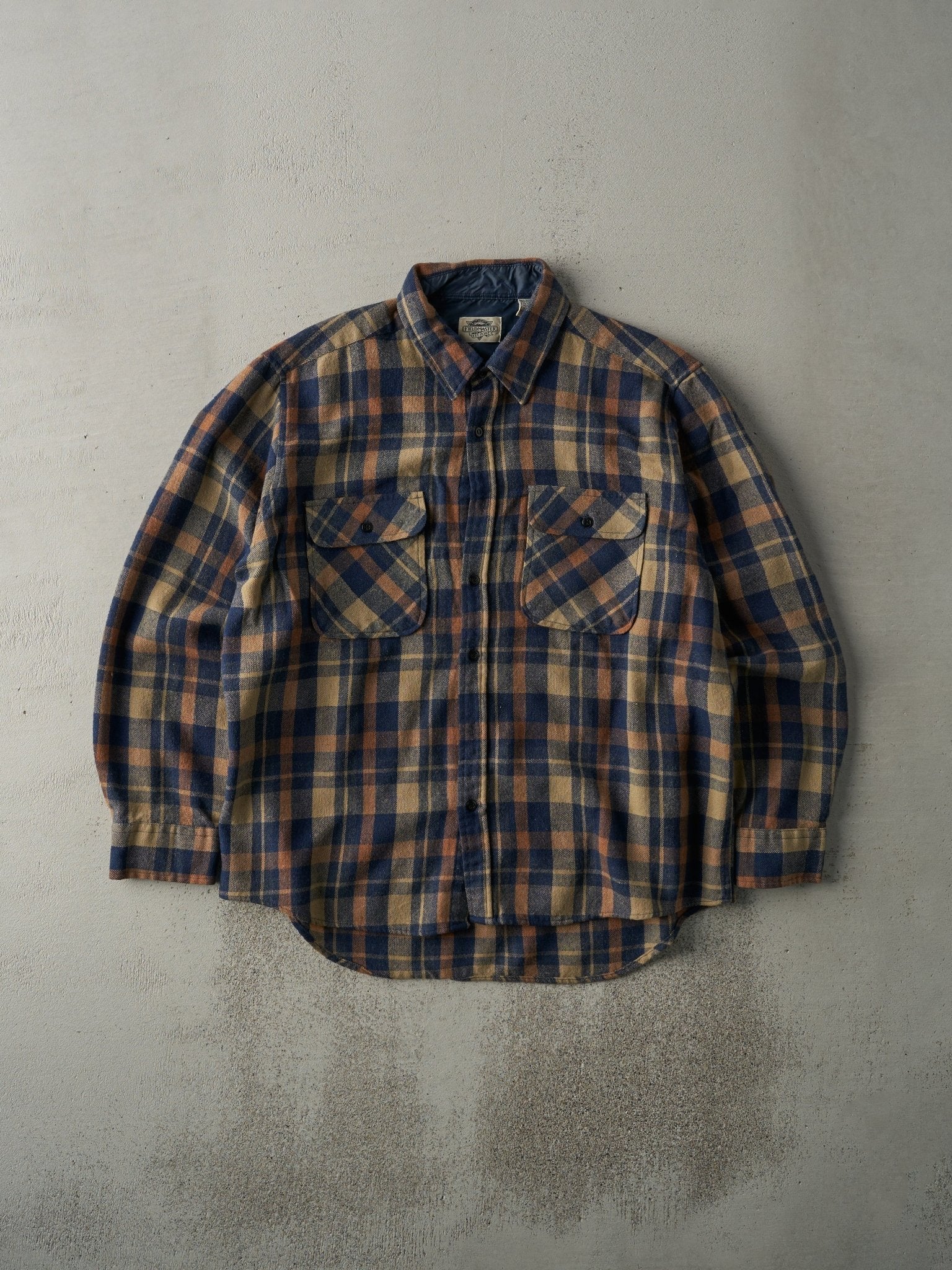 Vintage 80s Beige & Blue Flannel Button Up (L)