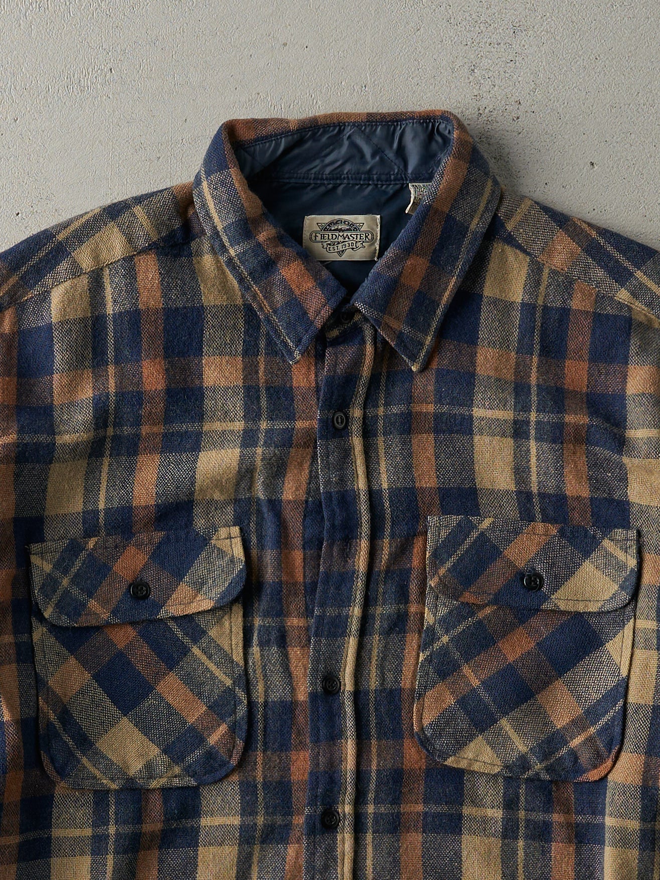 Vintage 80s Beige & Blue Flannel Button Up (L)